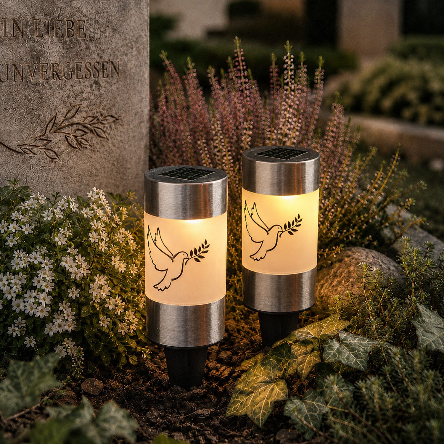 MARELIDA LED-Kerze Solar Grablichter Grabkerzen Taube Grableuchte 14cm Lichtsensor 2St., LED Classic, warmweiß (2100K bis 3000K)