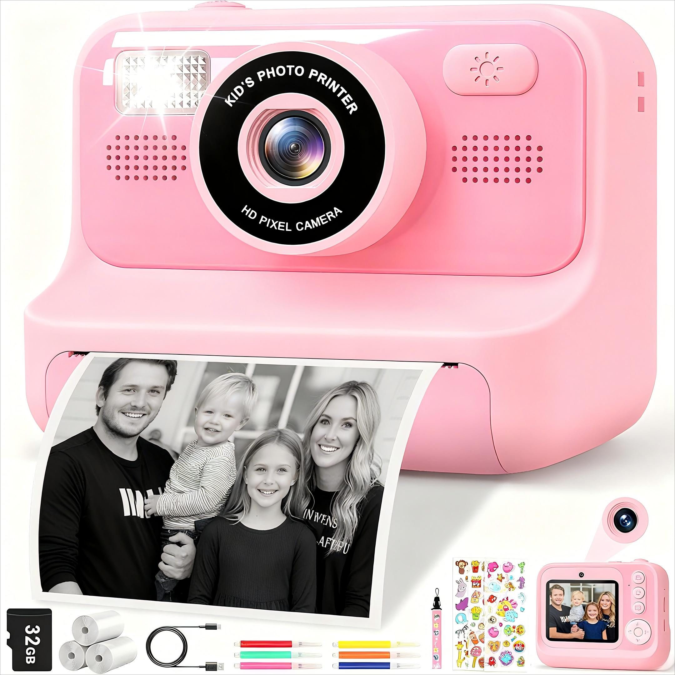 POPOLIC 1080P Kinderkamera - Selfie Digitalkamera Kinder mit 32GB Sofortbildkamera (inkl. Rosa, Geburtstagsgeschenk Spielzeug ab 3-11 Jahre Mädchen Jungen)