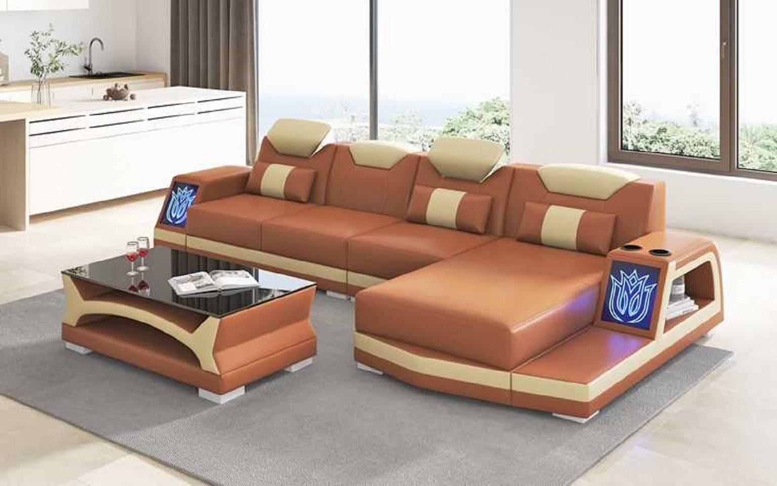 JVmoebel Ecksofa Luxus Ecksofa Mit Form Eckgarnitur, L Sofa Mit 3 Teile, LED LED Moderne Couch Braun