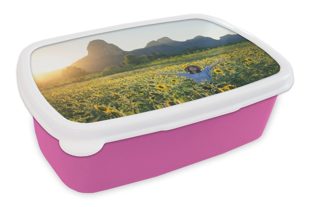 MuchoWow Lunchbox Sonnenblume - Frau - Italien, Kunststoff, (2-tlg), Brotbox für Erwachsene, Brotdose Kinder, Snackbox, Mädchen, Kunststoff rosa
