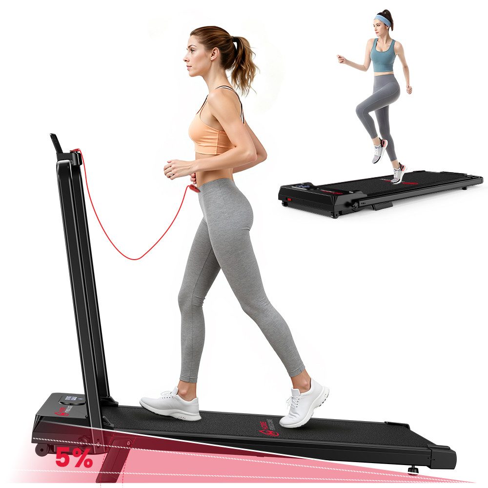 HOMEFITNESSCODE Laufband 3-in-1 Klappbares Laufbänder mit 5 % Steigung (Fernbedienung – LED-Display – 120 kg Tragkraft), elektrisches Laufband mit Armlehnen – 1–6 km/h – 2,5-PS-Motor