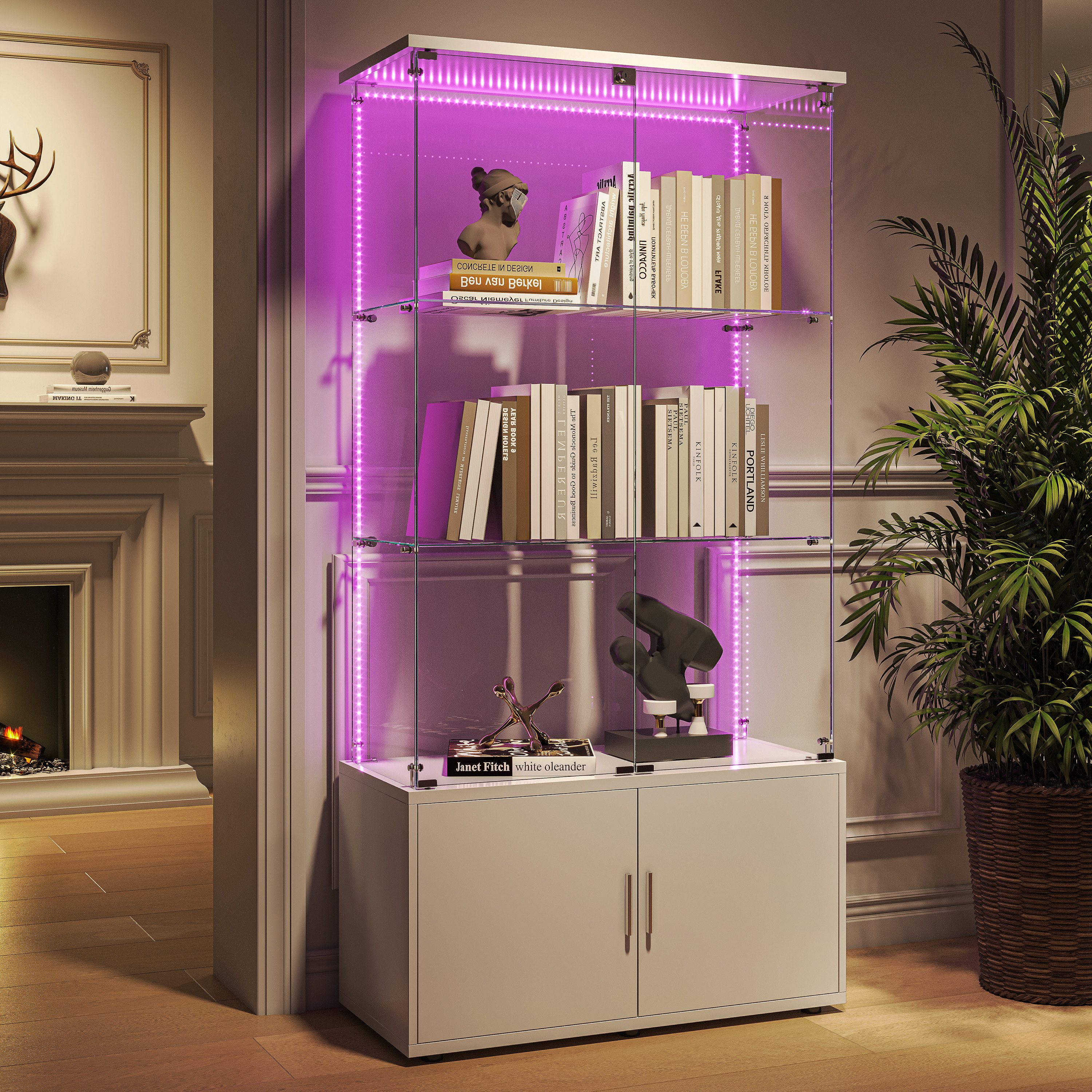 PXloue Standvitrine Matt Glasvitrine mit LED-Beleuchtung und Stauraum Wohnzimmerschrank mit Glastüren und 1 Schubladen