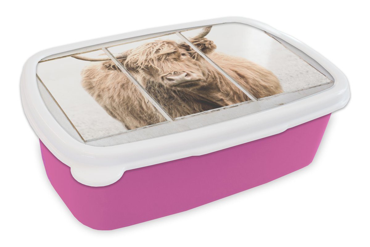 MuchoWow Lunchbox Scottish Highlander - Ansicht - Nebel, Kunststoff, (2-tlg), Brotbox für Erwachsene, Brotdose Kinder, Snackbox, Mädchen, Kunststoff rosa