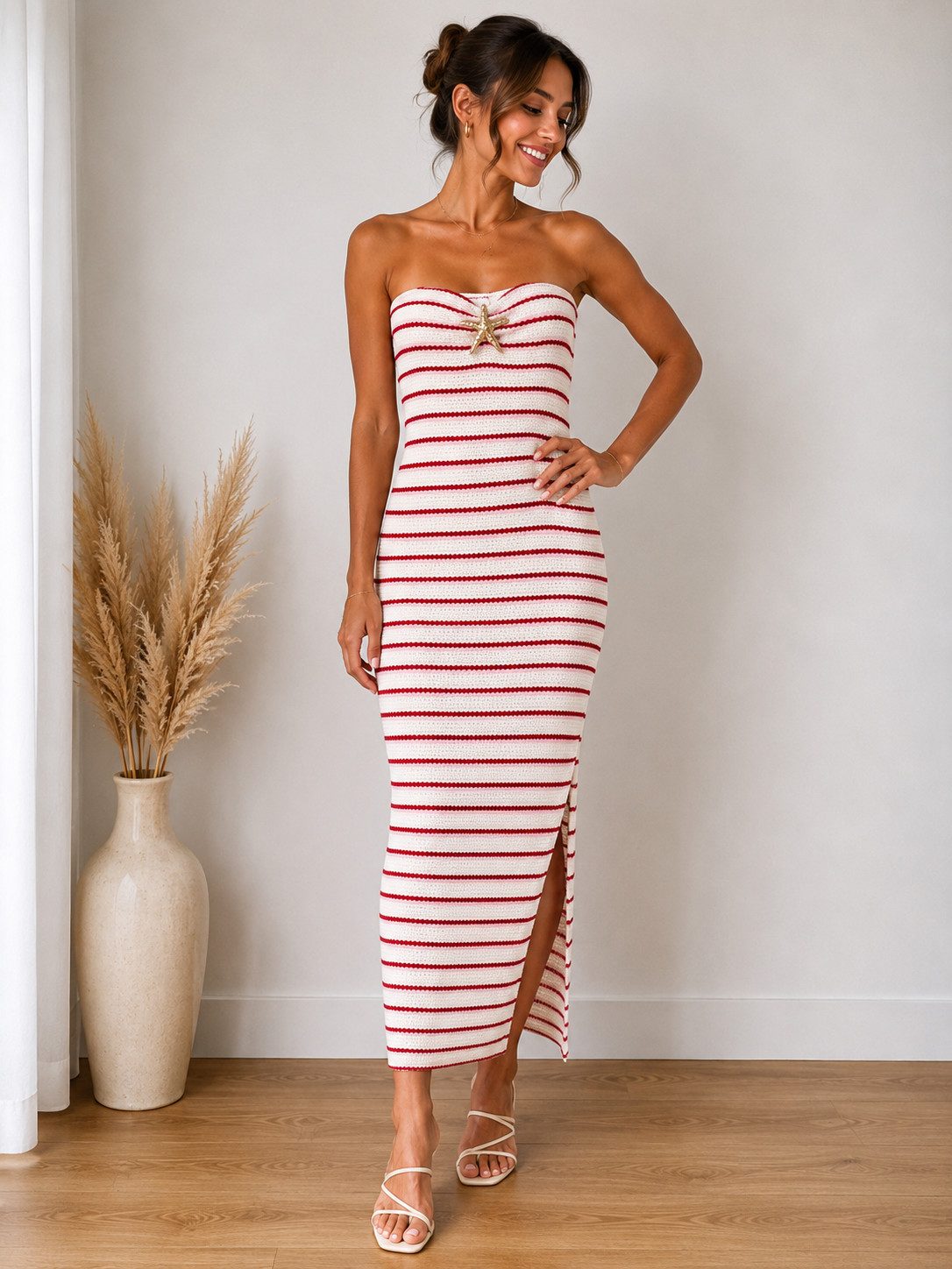 Sonderpostendiscount Sommerkleid Damensommerkleid Strick Modell Love Rot/Weiss ONE SIZE Mit Brosche