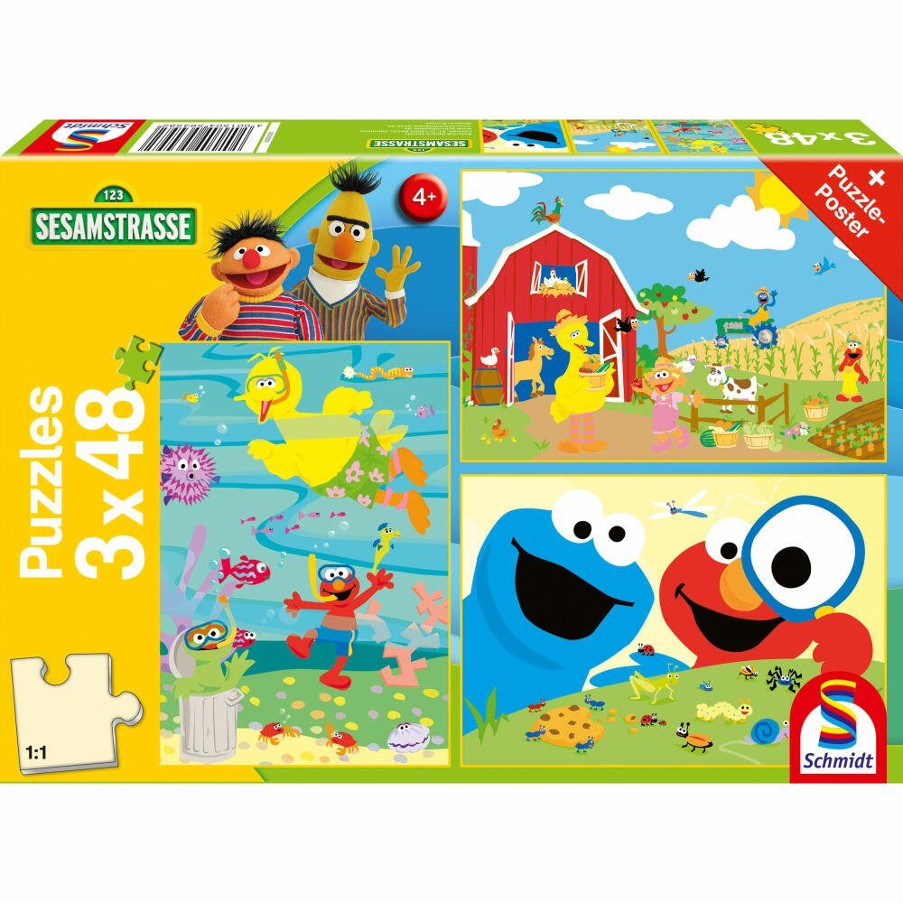 Schmidt Spiele Puzzle Sesamstraße Tierisch stark 3 x 48 Teile, 48 Puzzleteile