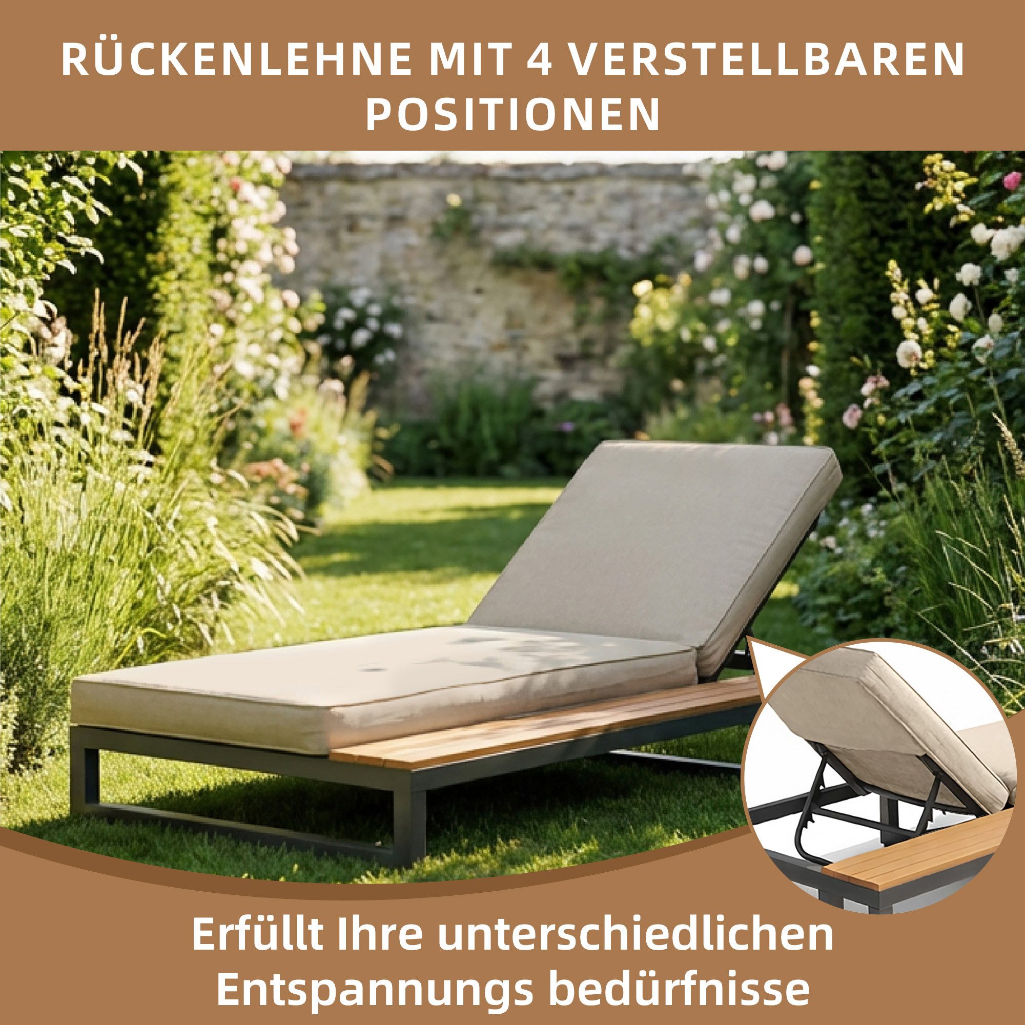 i@home Gartenliege, 2 St., 1* Linke & Rechte Seite Liegen, mit Regalen, Verstellbarer Rückenlehnenwinkel, beide Seite