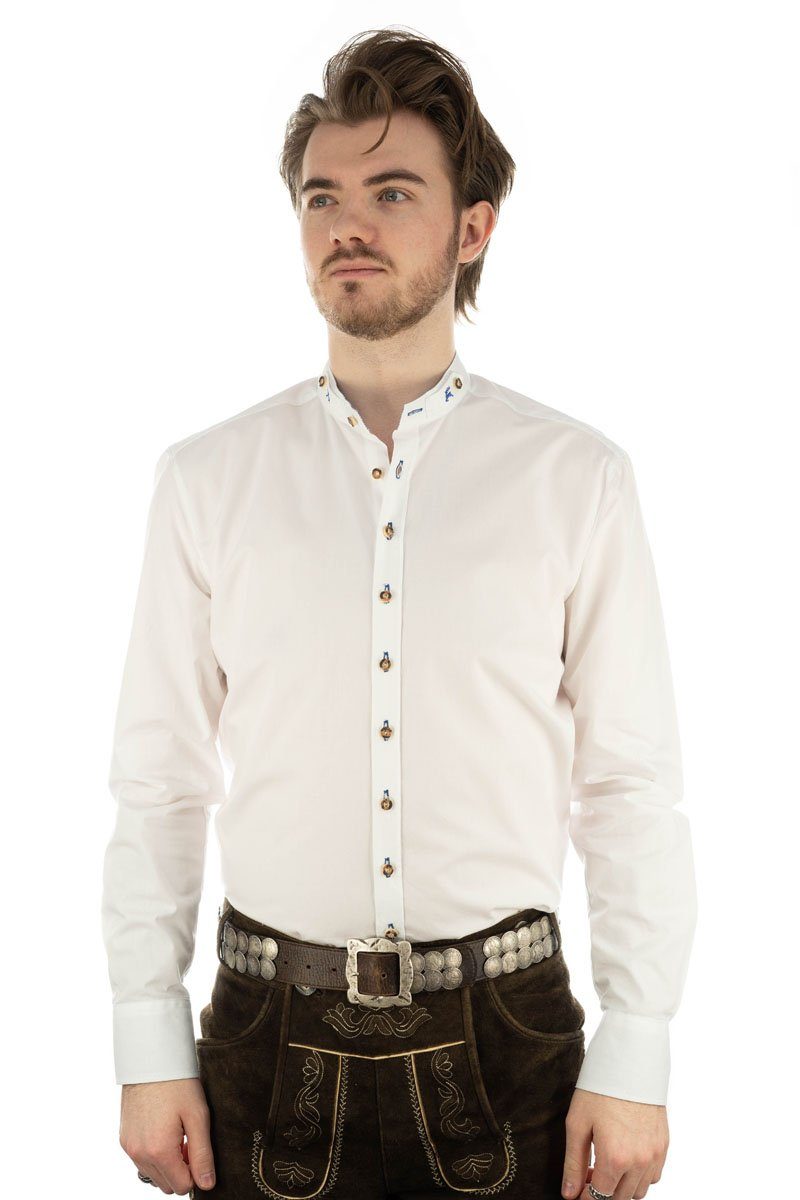 OS-Trachten Trachtenhemd Omsaya Langarmhemd mit Stehkragen mit besticktem Riegel weiß-mittelblau
