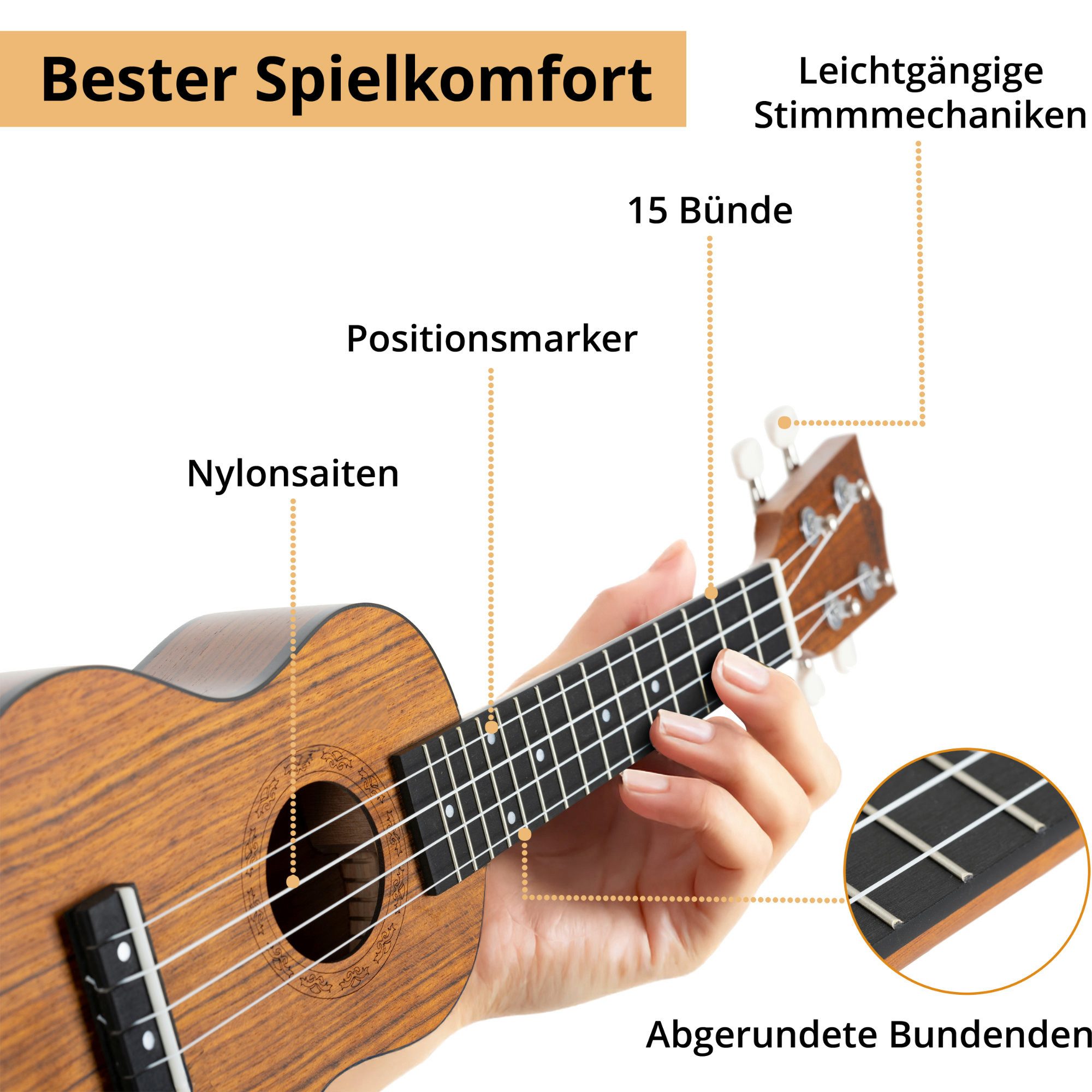 Classic Cantabile Ukulele Ukulele Walnuss, Leichtgängige Mechaniken