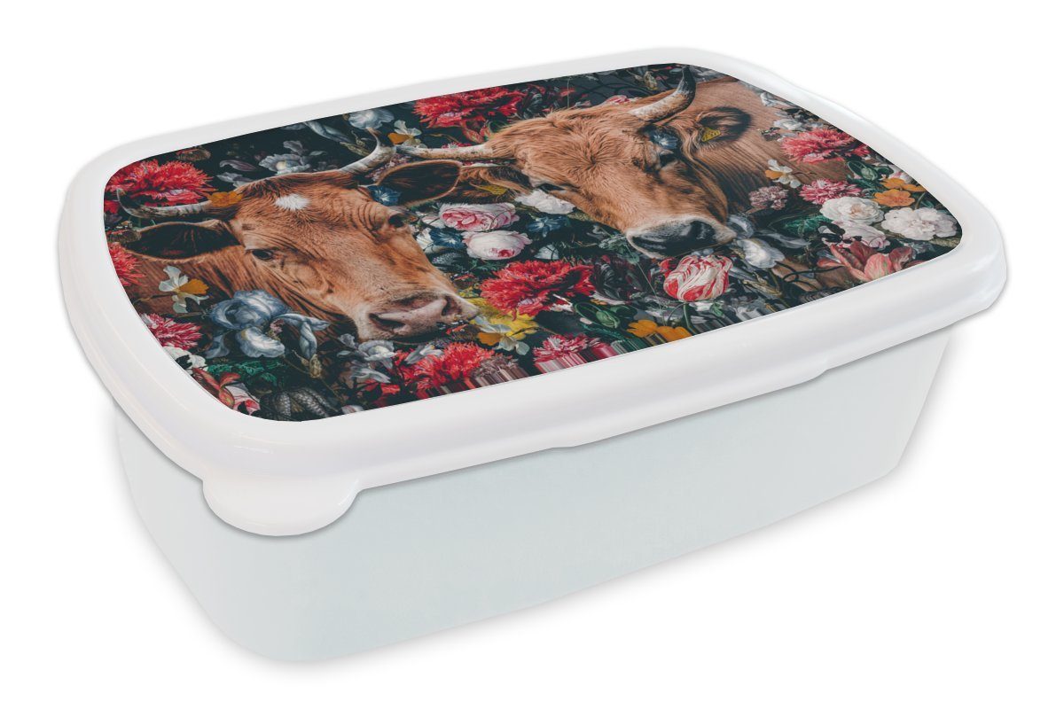 MuchoWow Lunchbox Kuh - Blumen - Tiere - Porträt, Kunststoff, (2-tlg), Brotbox für Kinder und Erwachsene, Brotdose, für Jungs und Mädchen weiß