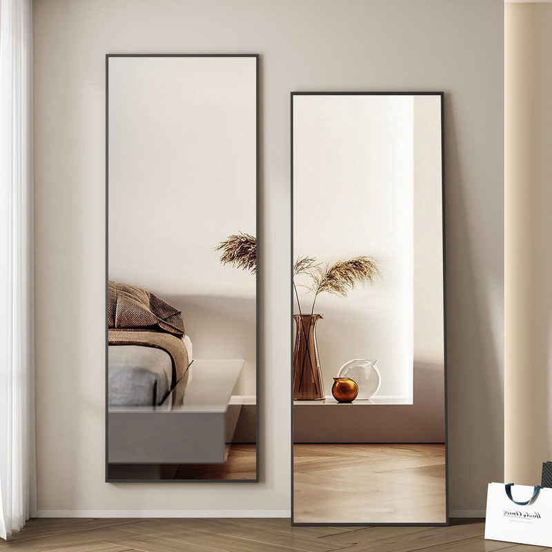 WDWRITTI Ganzkörperspiegel 150x50 eckig Standspiegel Wandspiegel groß Schwarz (Flurspiegel modern, 5mm HD Spiegel, mit Metall Alu Rahmen), 4 Installationsmethoden