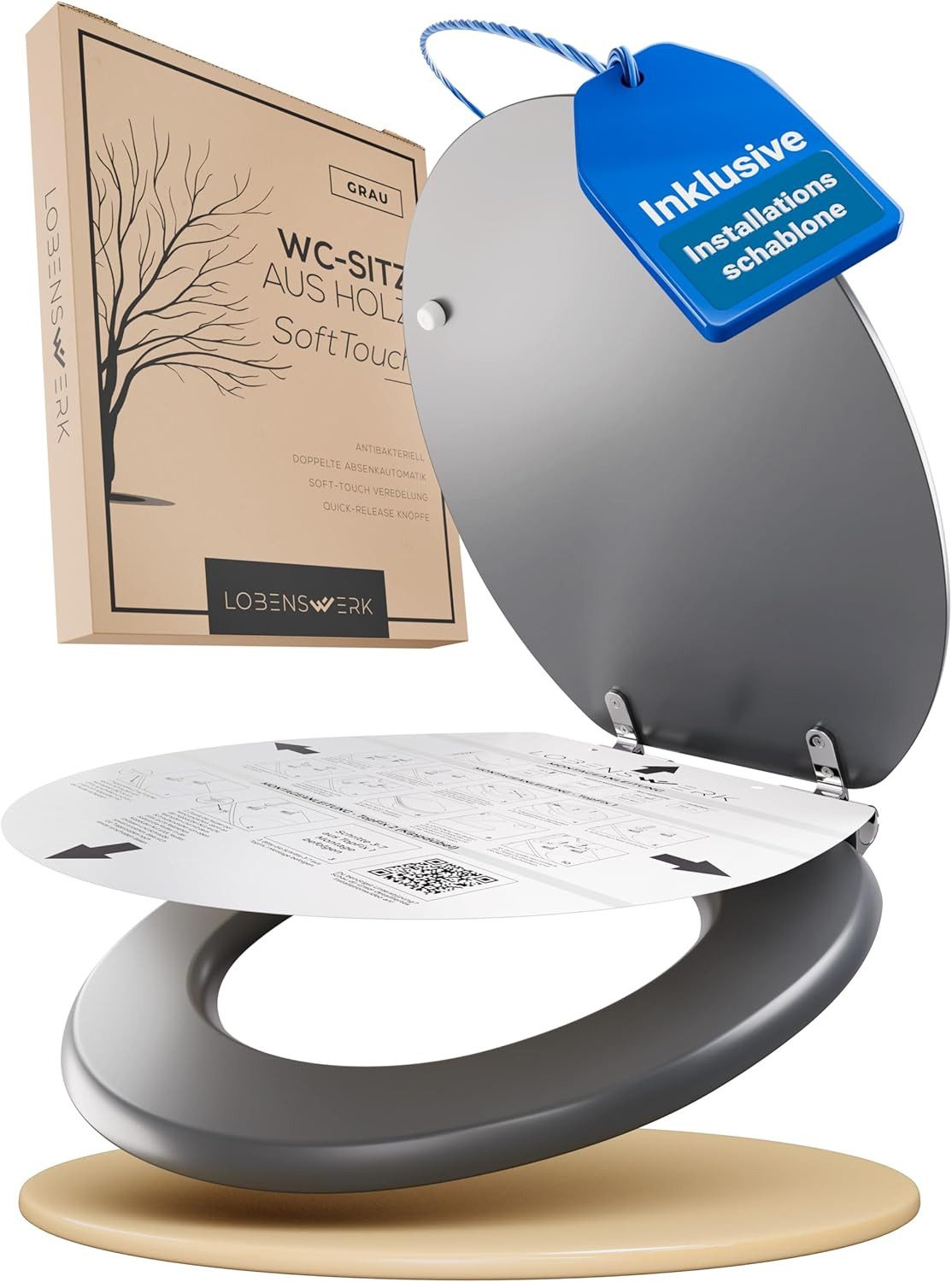 Lobenswerk WC-Sitz Toilettendeckel mit Absenkautomatik, Klodeckel, Klobrille, SoftClose, antibakteriell, UV-beständig, inkl. Installationsschablone