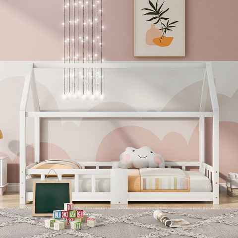 SOFTWEARY Kinderbett Hausbett mit Lattenrost (90x200 cm), Einzelbett mit Rausfallschutz, Kiefer