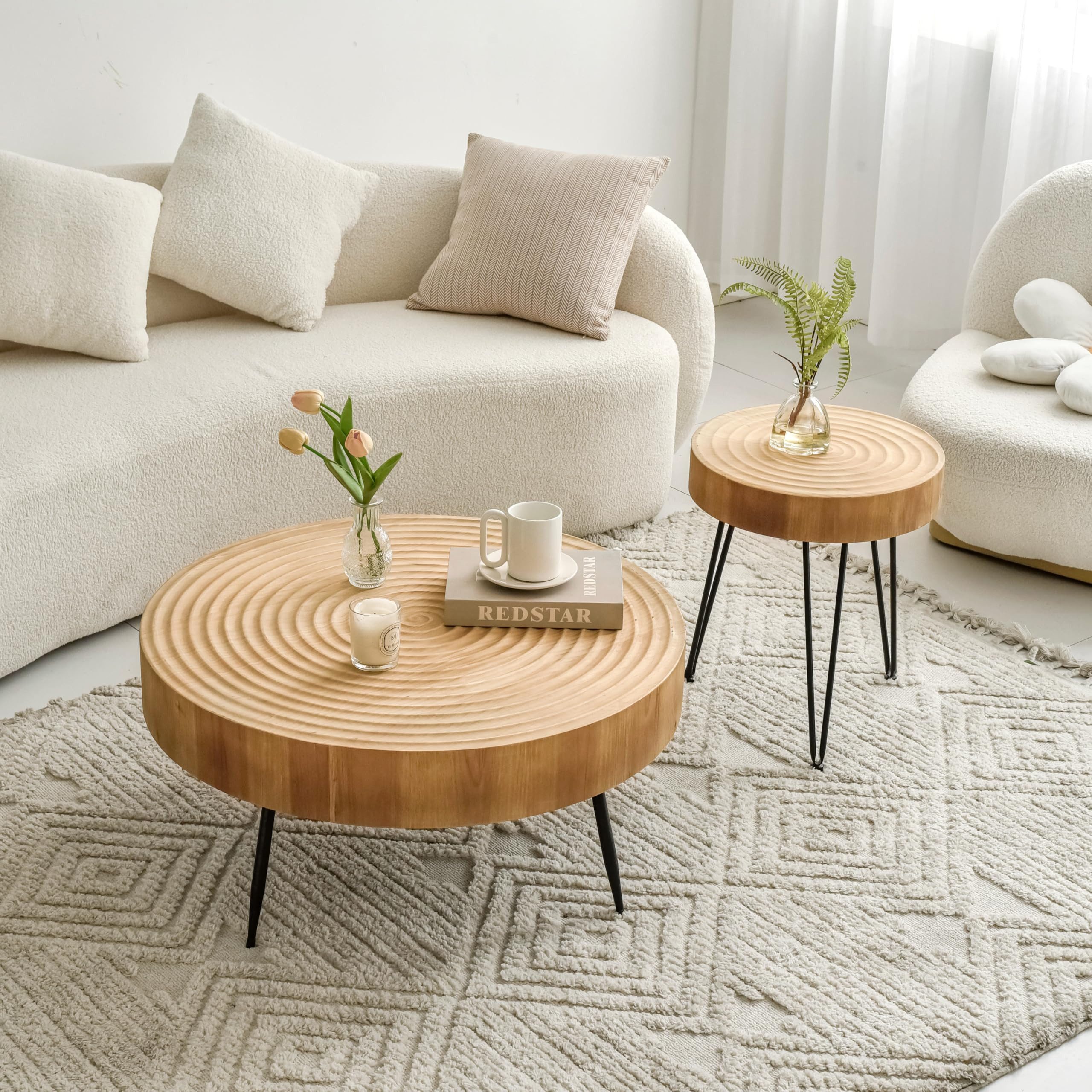 Cagnolier Couchtisch Wohnzimmertisch mit Schwarzen Metallbeinen, ø77x36cm & 40x47cm (2-St), Beistelltisch 2er Set, Rund aus Holz mit Jahresring-Design