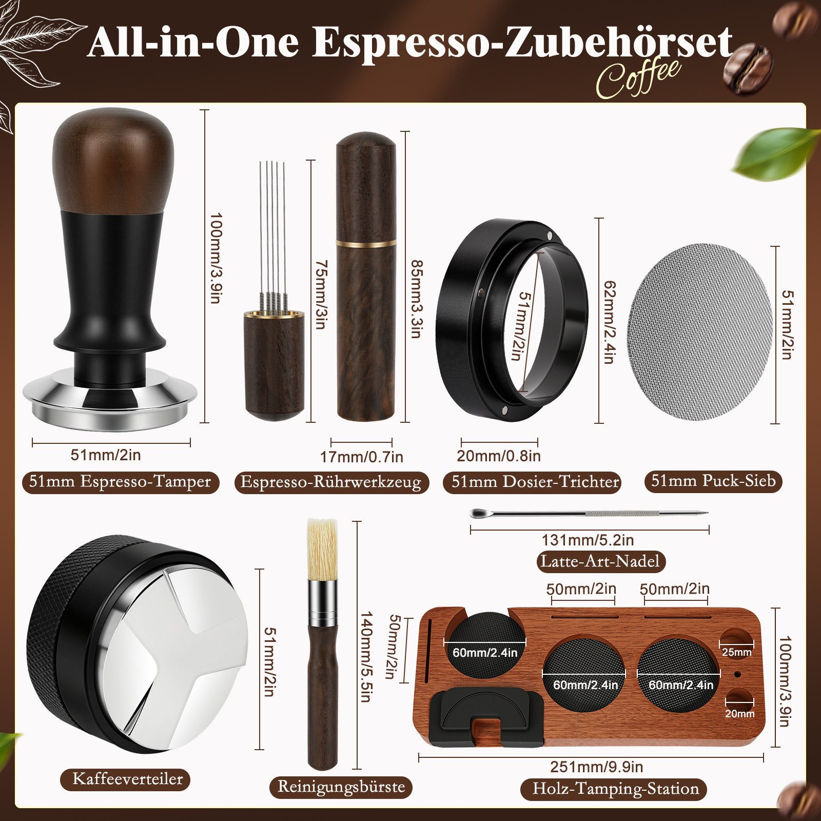 OSTWOLKE Tamperstation 51mm Espresso Tamper mit Tamperstation Kaffeeverteiler WDT Tool Holz