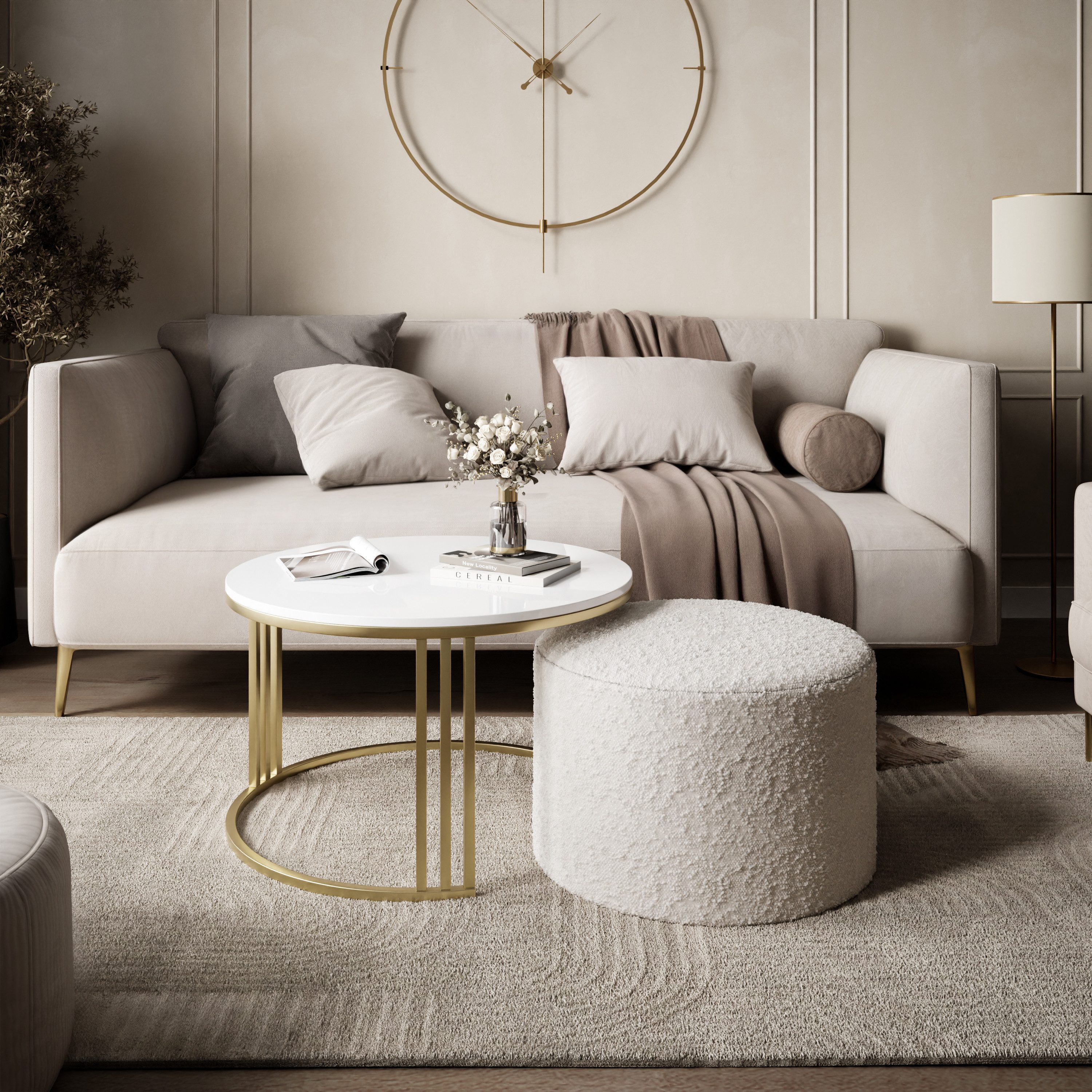 Lookway Couchtisch LORI HOCHGLANZ mit Hocker auf einem gebürsteten goldenen Gestell (1 Tisch mit Hocker), Durchmesser: ⌀70 cm