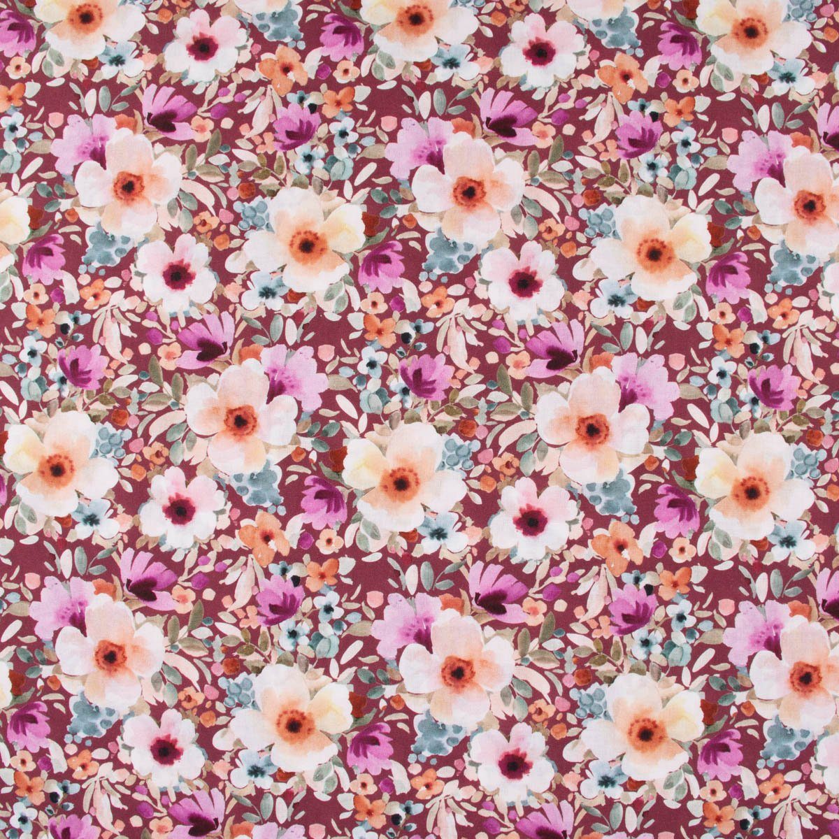 SCHÖNER LEBEN. Stoff Baumwollstoff Meterware Popeline Digitaldruck Blumen rot bunt 140cm, allergikergeeignet