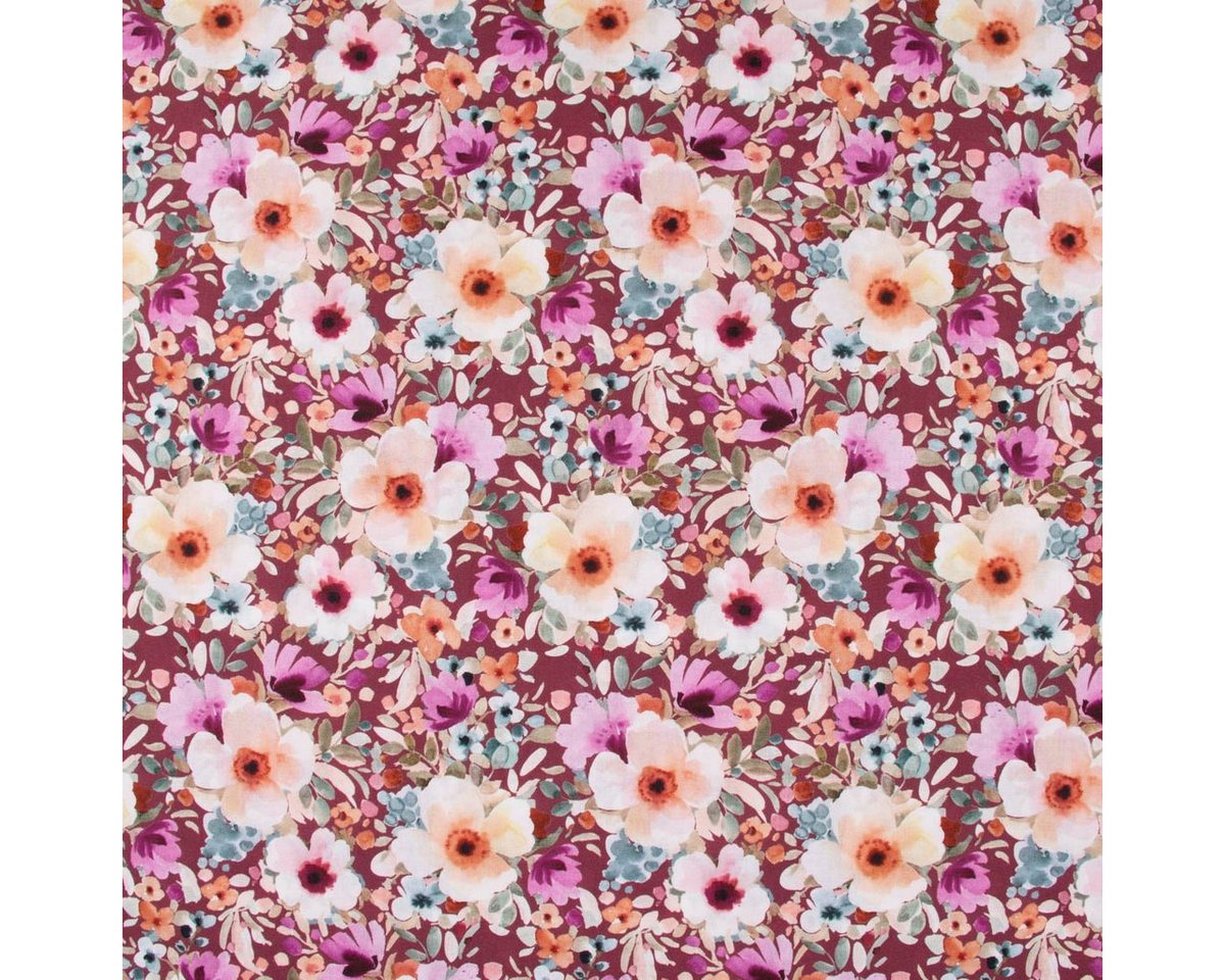 Thumbnail - SCHÖNER LEBEN. Stoff Baumwollstoff Popeline Digitaldruck Blumen rot bunt 1,4m Breite, allergikergeeignet