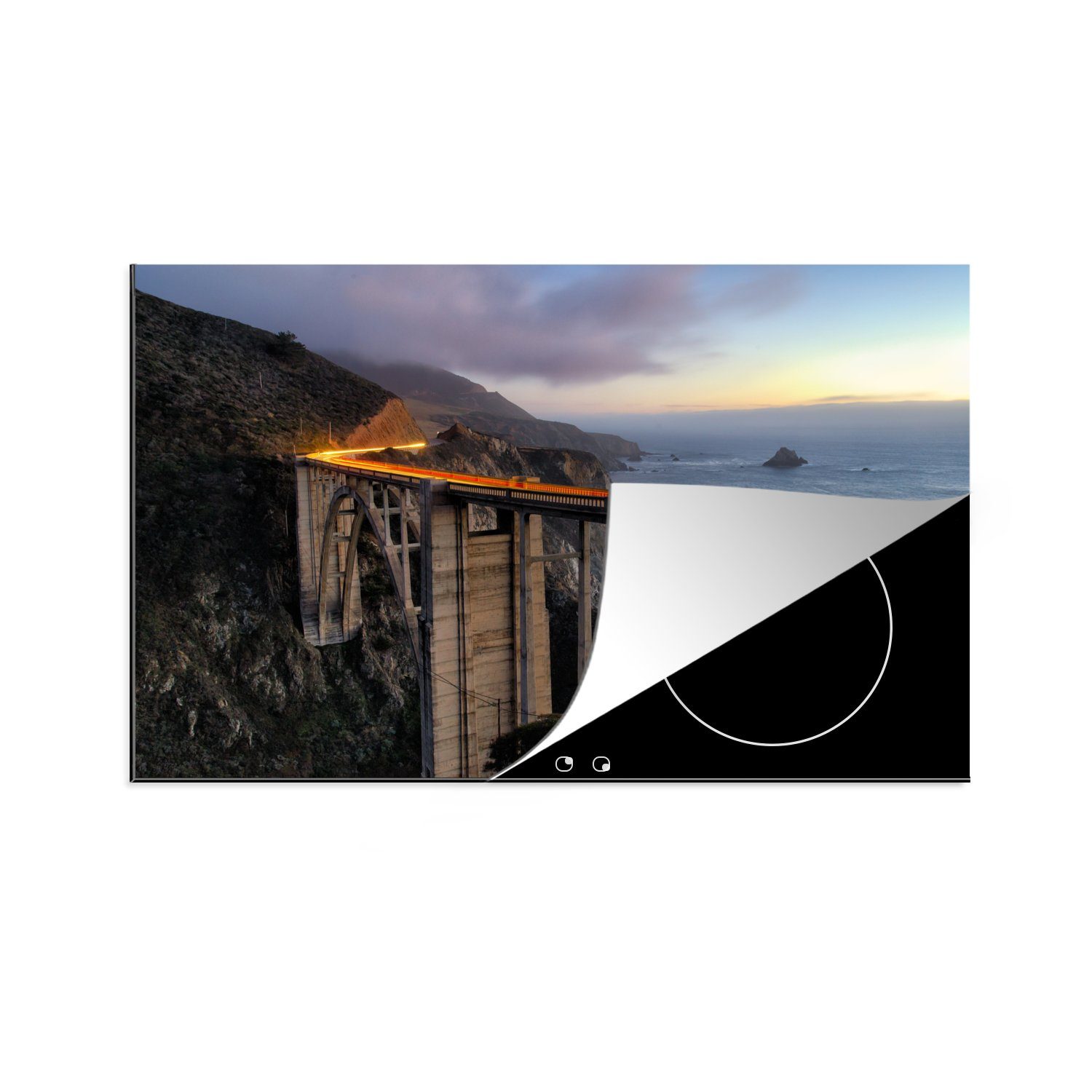 MuchoWow Herdblende-/Abdeckplatte Bixby Creek Bridge in der Abenddämmerung in Big Sur America, Vinyl, (1 tlg), 81x52 cm, Induktionskochfeld Schutz für die küche, Ceranfeldabdeckung
