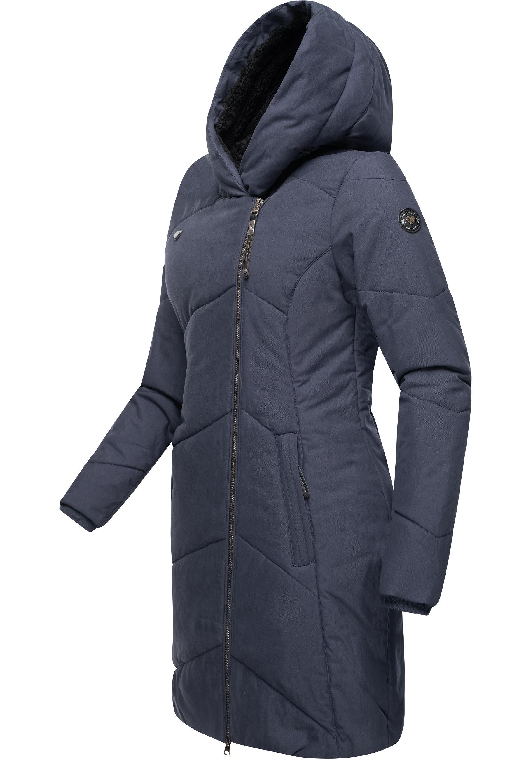 Kragen mit Wintermantel Ragwear Gordon marine asymmetrischem Winterparka Long gesteppter