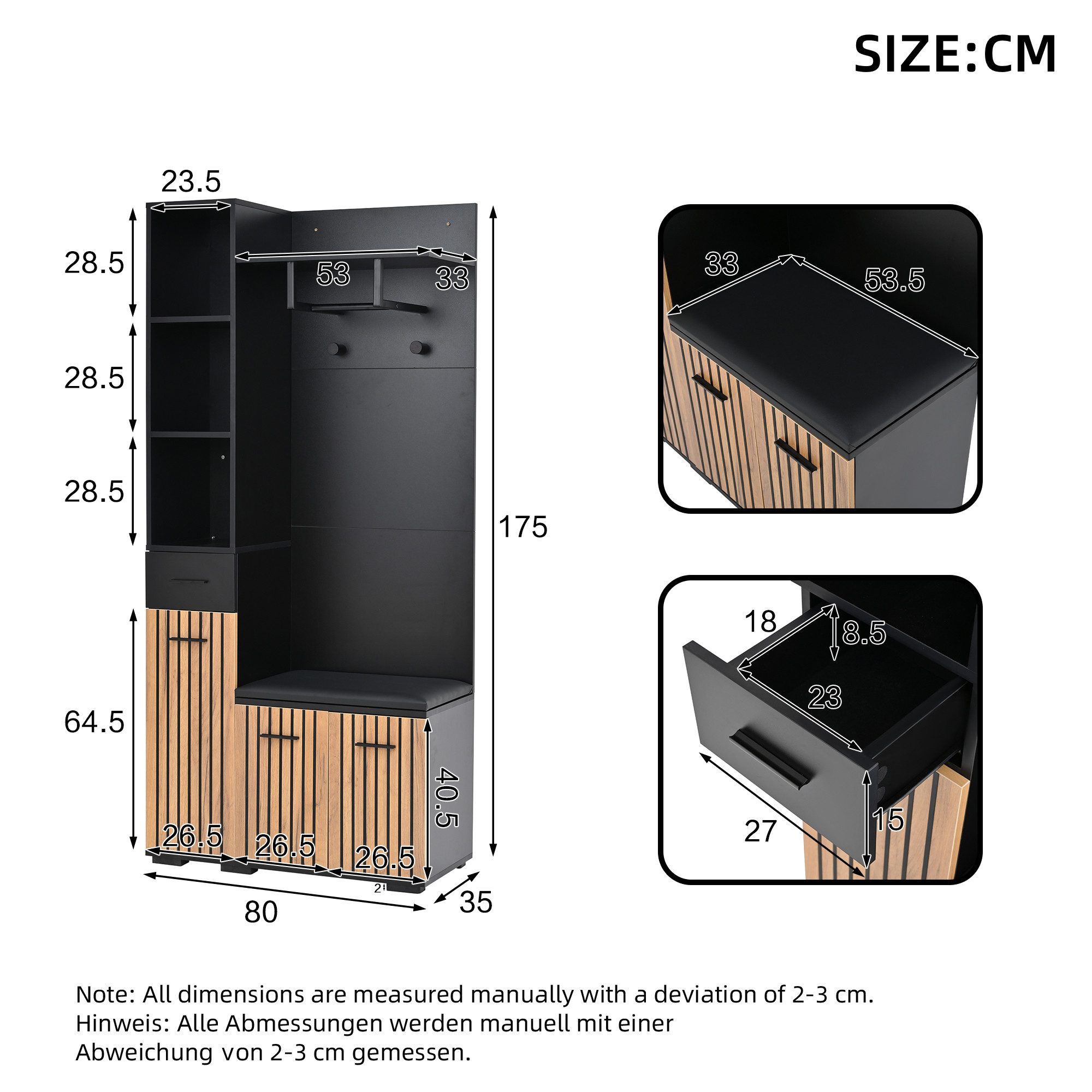 Merax Garderoben-Set 7-in-1 Kompaktgarderobe Flurmöbel in Schwarz-Holz, (Garderobenkombination Möbelset, 1-St., 80x35x175 cm), Sitzbank Schränken Schublade Ablagefächer Kleiderhaken Wäscheständer