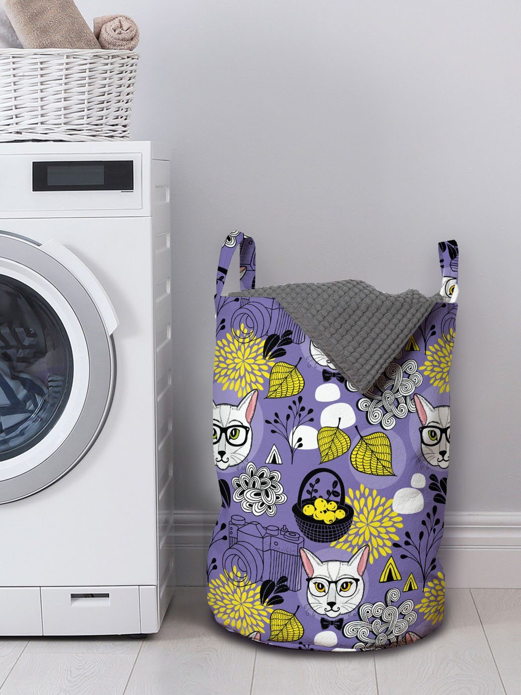 Abakuhaus Wäschesäckchen Wäschekorb und Lila Waschsalons, mit Griffen für Gelb Smart-Katzen-Grafik Kordelzugverschluss
