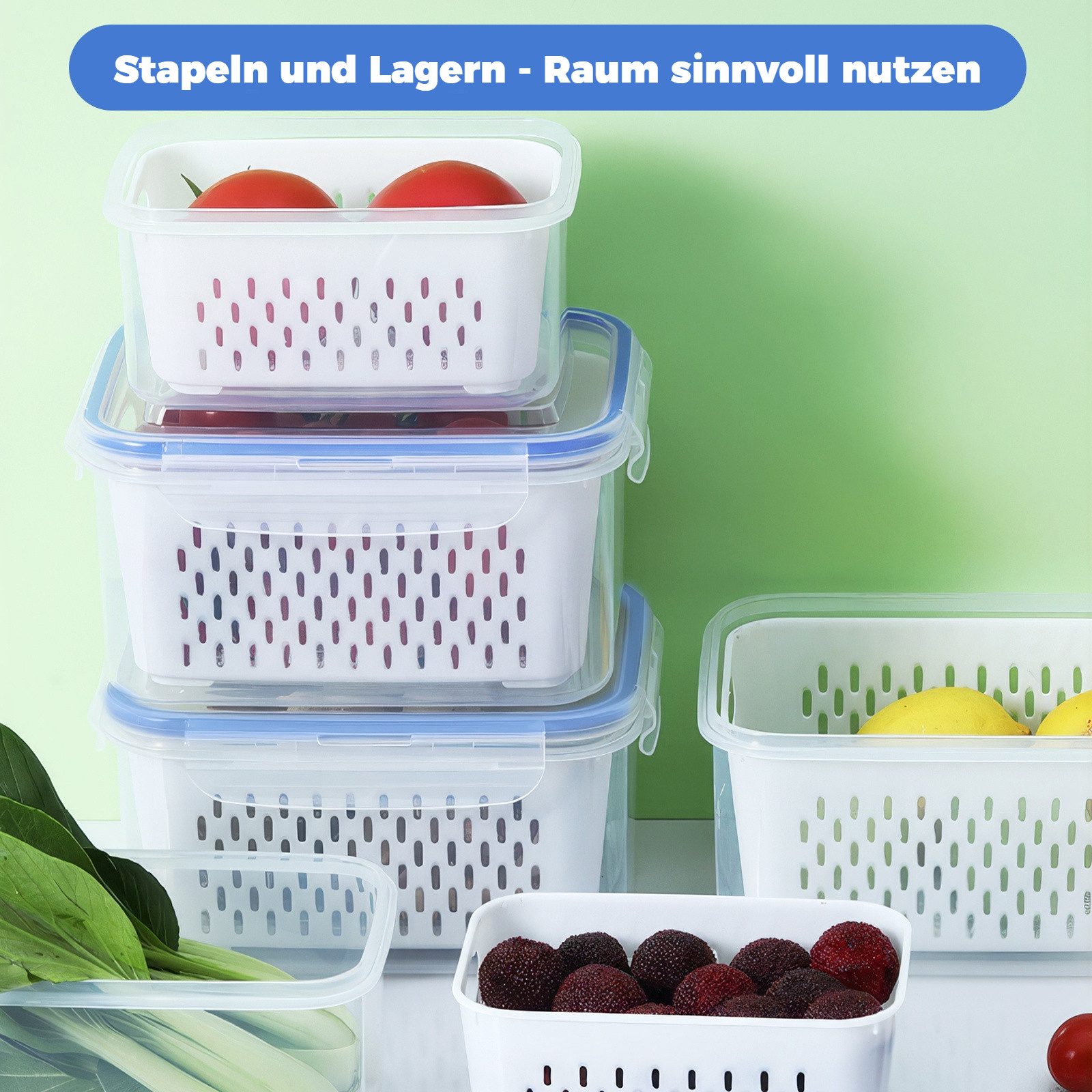 BlingBin Frischhaltedose 6 Stück Obst Aufbewahrung Kühlschrank, Abtropfen Beeren-Behälter, PP-Kunststoff, (6er Set, 6-tlg., Material: PP-Kunststoff, 0,85L+1,75L – Bild 5 von 5
