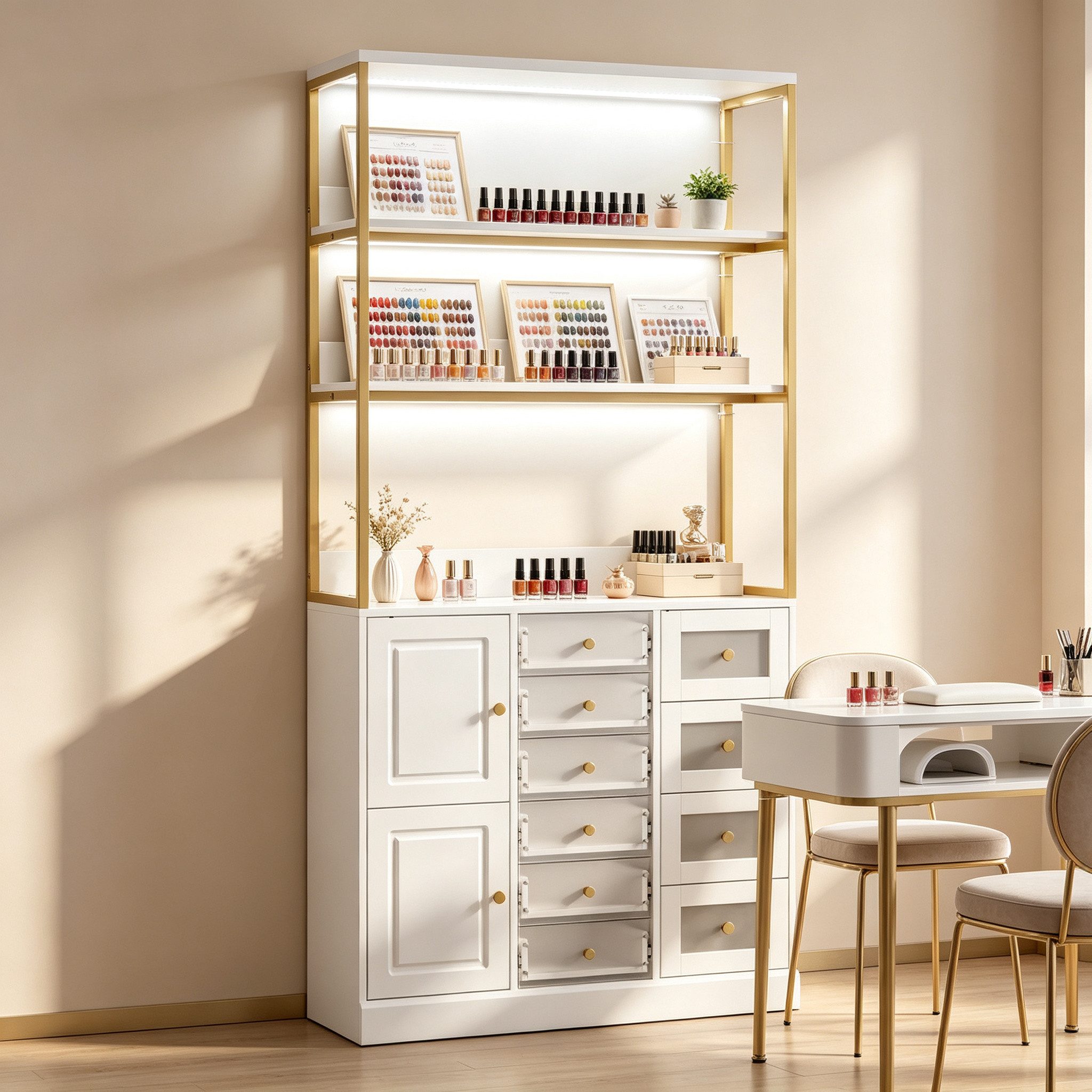 FUFU&GAGA Schminkschrank Nagelstudio-Schrank, Kommode 90cm mit 10 Schubladen, LED, Weiß