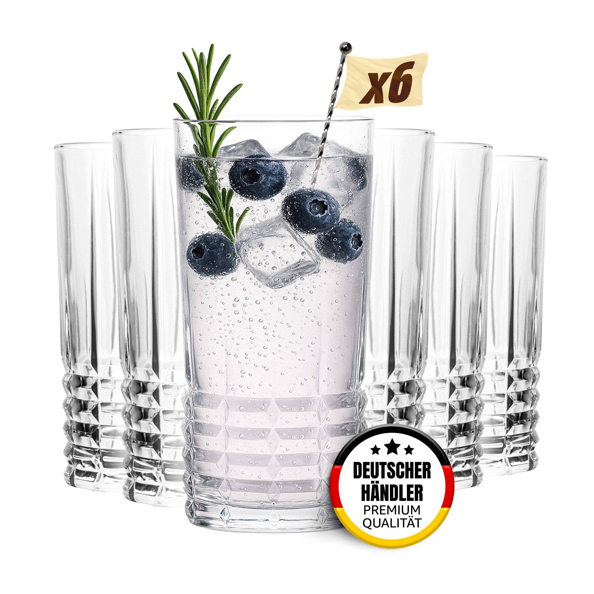 MUVELL Longdrinkglas 6er Set „Finland“ 370 ml klar, Latte Macchiato, spülmaschinenfest, 6-tlg., feuerpoliertes kristallklares 3mm Glas, Stoßfest, Spülmaschinenfest, 3 mm Glasstärke