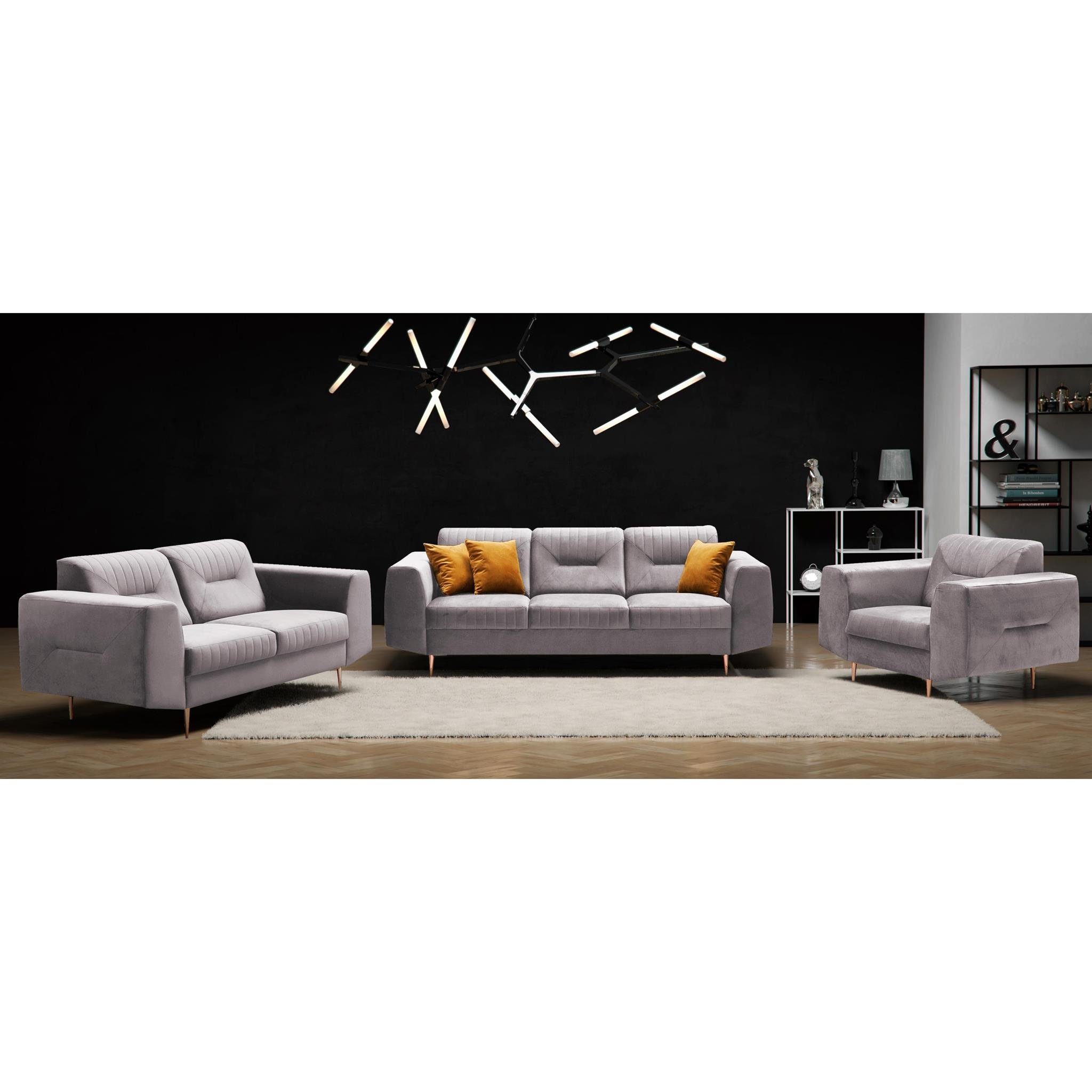 mit Puderrosa (Sessel Sofa Beautysofa im Sofa Metallbeine, VENEZIA, aus modernes Design), + Polstergarnitur (bluvel Couchgarnituren 2-Sitzer Velours 91) + 3-Sitzer