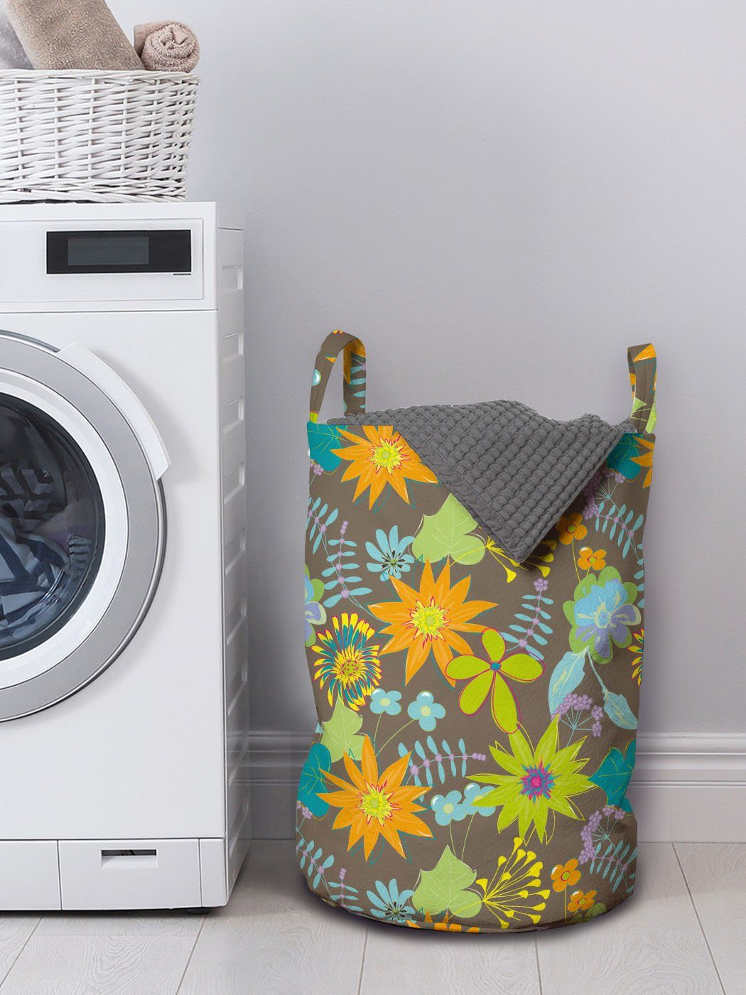 Waschsalons, Abakuhaus Retro Kordelzugverschluss Wäschesäckchen Griffen für Wäschekorb Look Blumen Sping Blüten mit