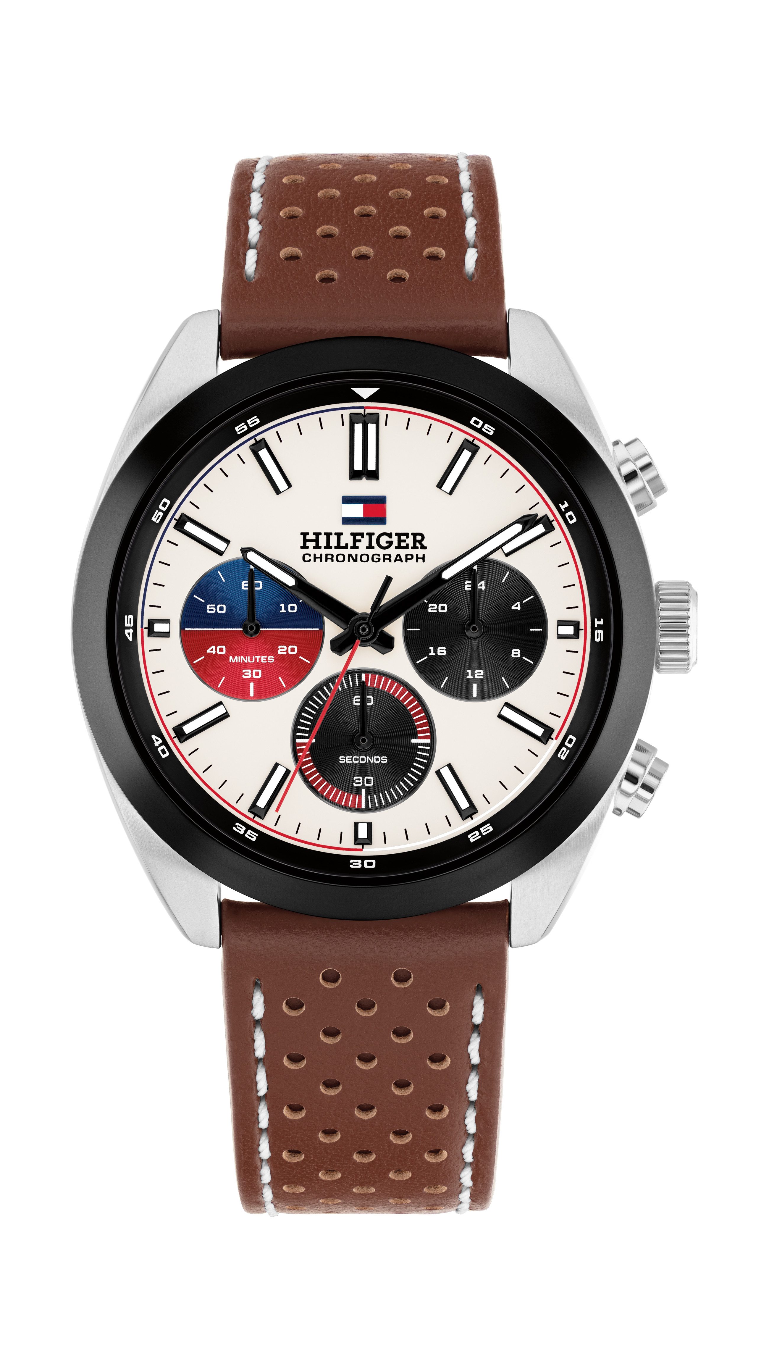 Tommy Hilfiger Chronograph Hudson 1710765, Quarzuhr, Armbanduhr, Herrenuhr, Lederarmband, analog, Stoppfunktion