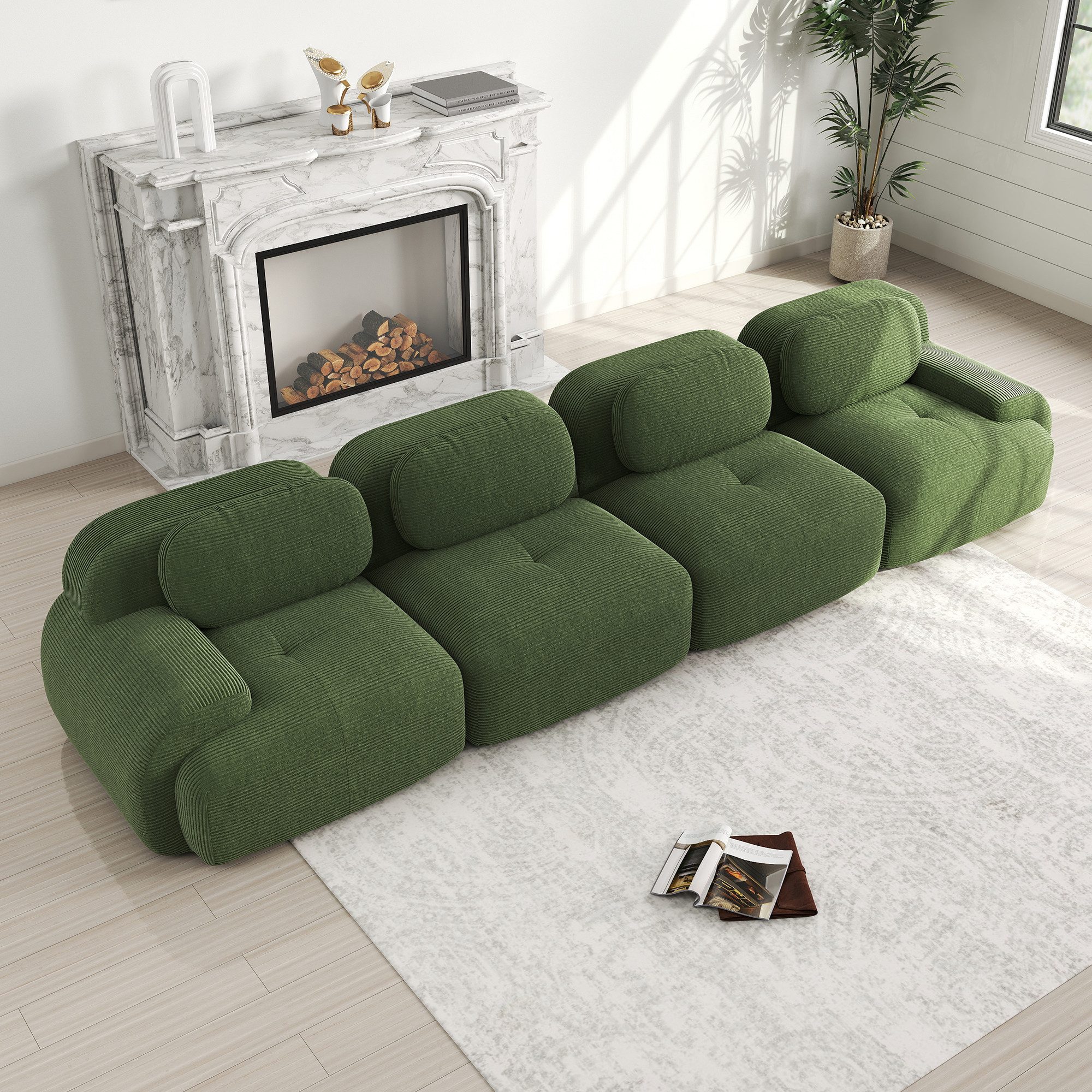 HAUSS SPOLE Loungesofa aus Cordstoff,Rahmenlos Loveseat-Sofa 4-Sitzer mit Armlehnen,Grün