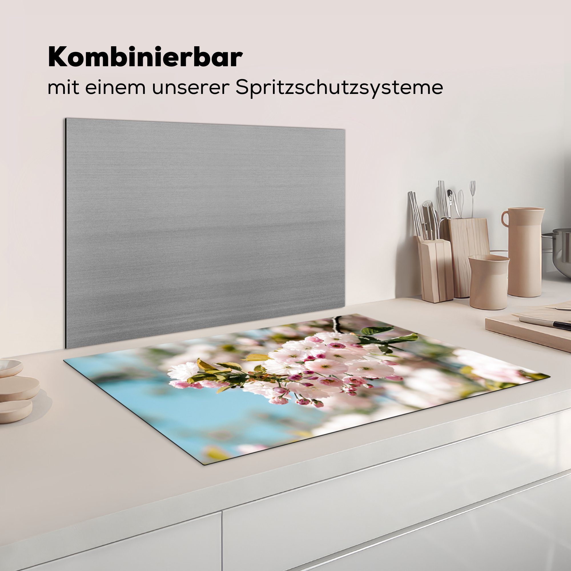 (1 Vinyl, - für Ceranfeldabdeckung tlg), Frühling, 81x52 - Herdblende-/Abdeckplatte Blüte Induktionskochfeld Blumen cm, MuchoWow Schutz die küche,