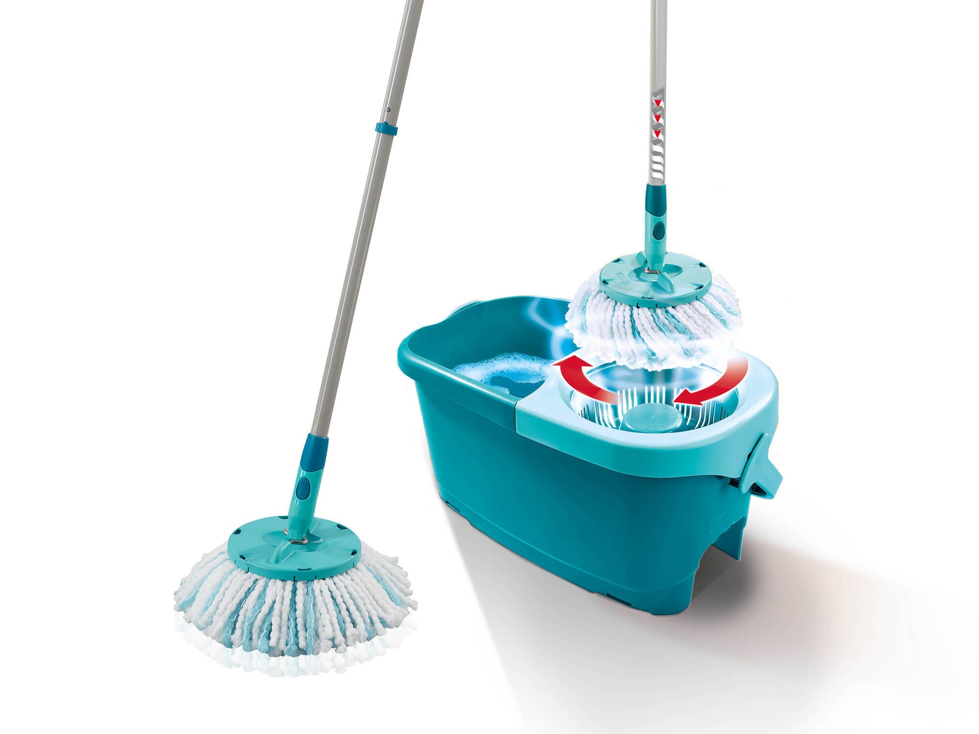 Leifheit Bodenwischer-Set Set CLEAN TWIST Disc Mop Ergo, (4-St), Drill-Stiel-Mechanik, 360° Kardangelenk, längenverstellbar (109-140cm)