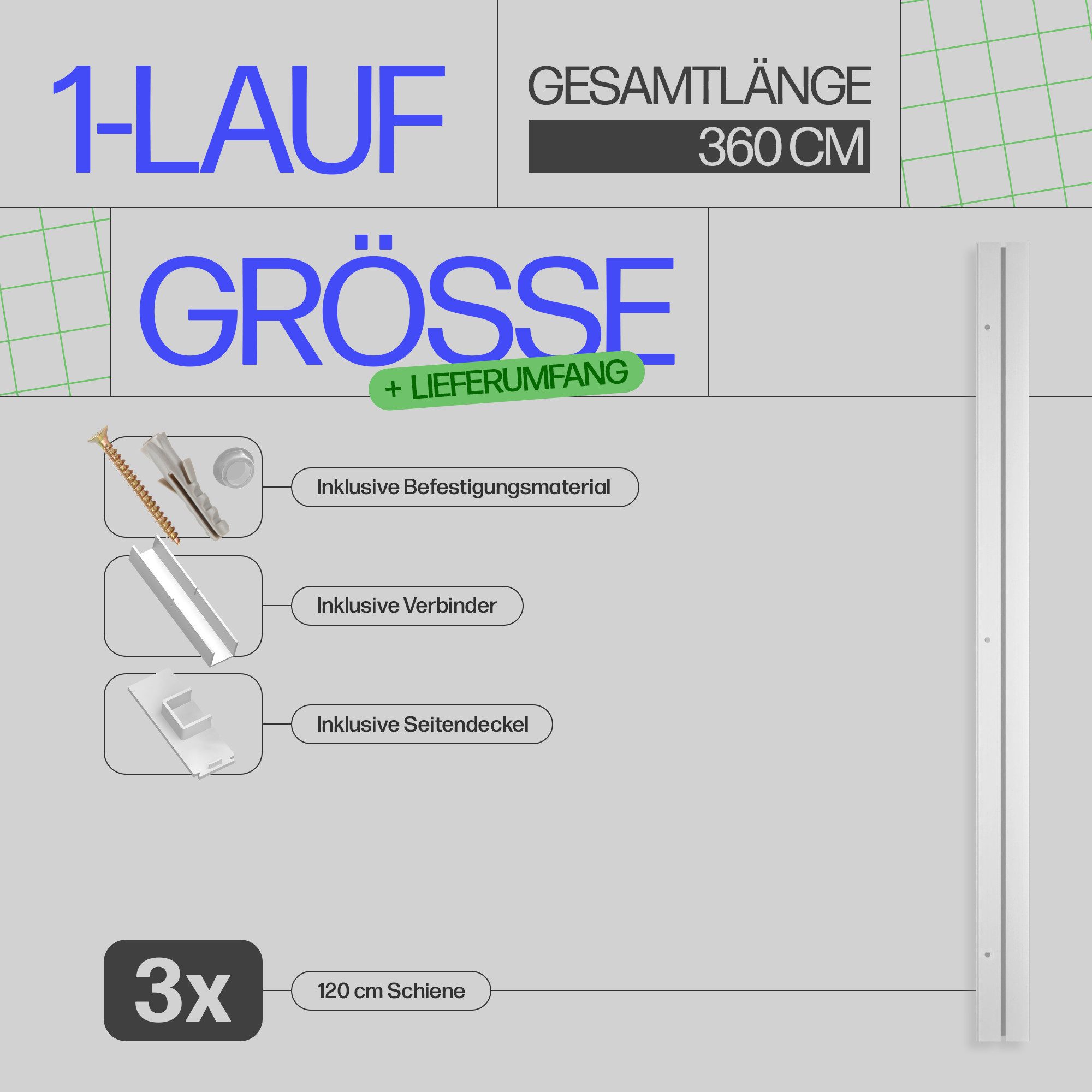 Bestlivings Gardinenschiene Komplettset montagefertig, 1-läufig, 360 cm (3x120 cm), mit Bohren, verschraubt, Kunststoff, flach, weiß, inkl. Befestigungsset, Made in EU