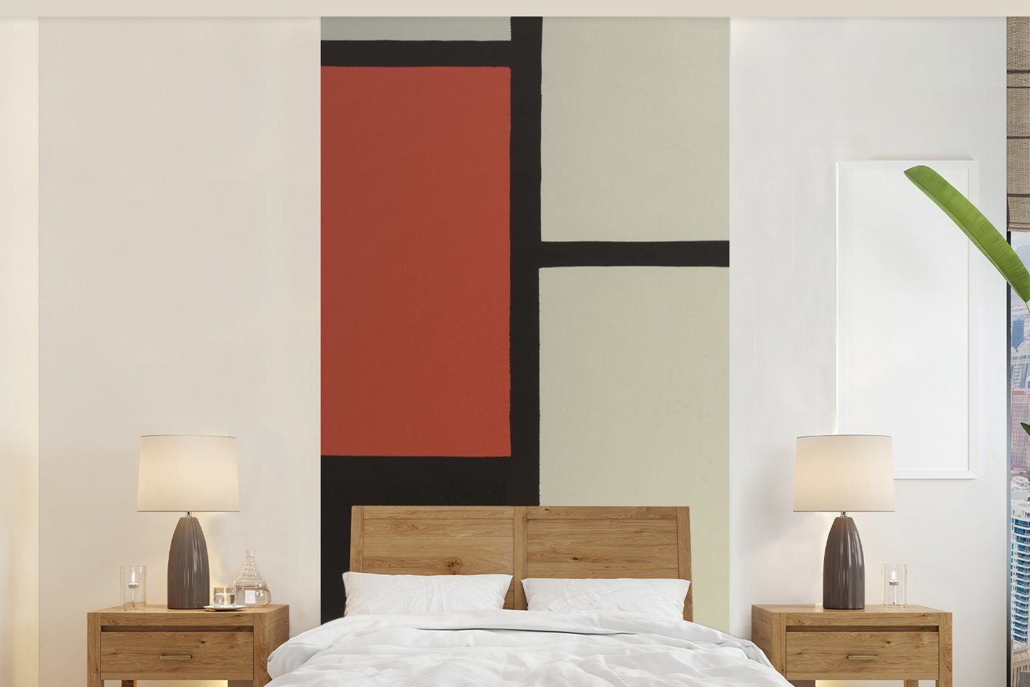 MuchoWow Fototapete Komposition mit rotem Quadrat, schwarz, blau - Piet Mondrian, Matt, bedruckt, (2 St), Vliestapete für Wohnzimmer Schlafzimmer Küche, Fototapete