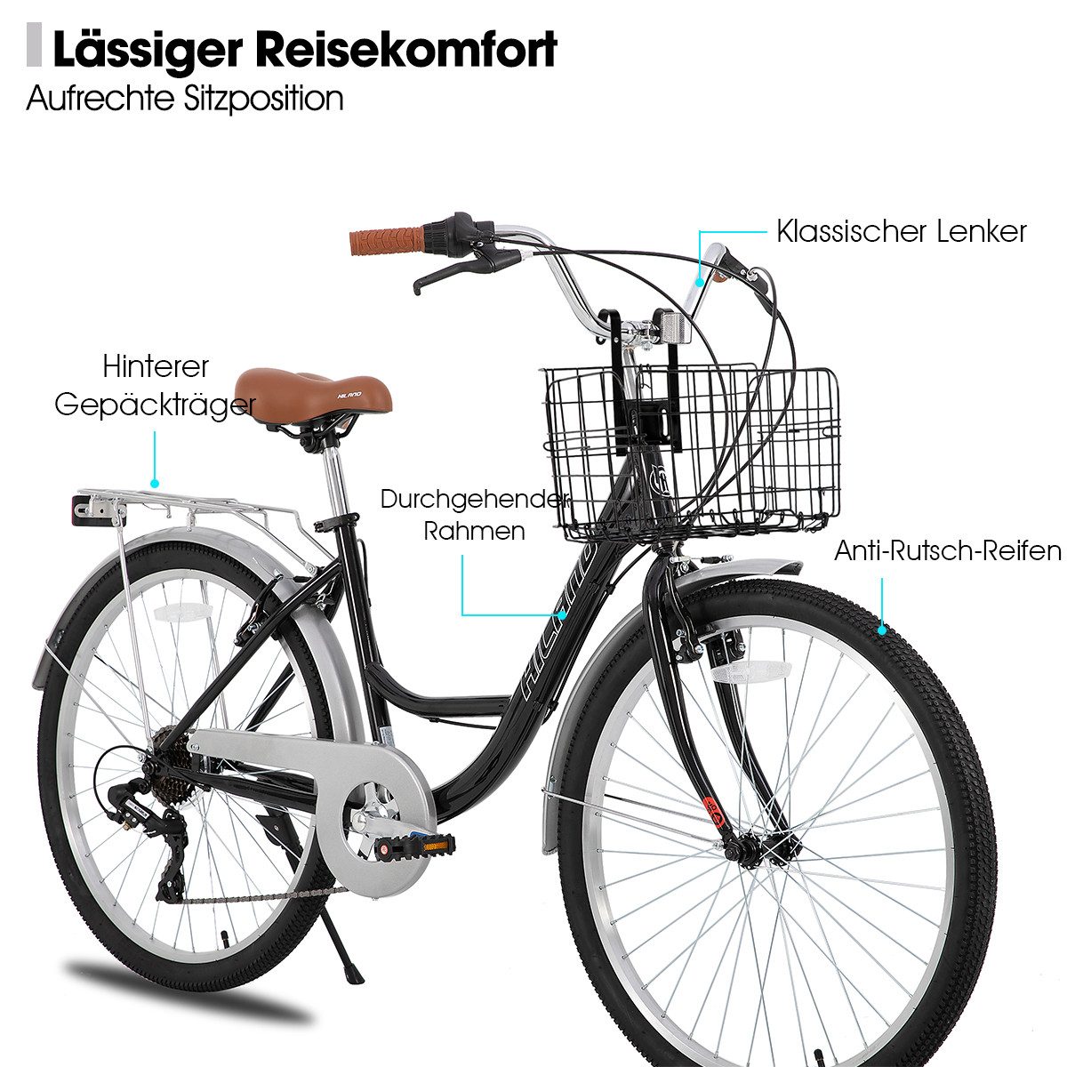 HILAND Cityrad 26 Zoll Pendlerfahrrad für Erwachsene, Herren und DamenHollandfahrrad, Step-Through Rahmen,mit Gepäckträger und Korb, Fender,7 Gang-Schaltung