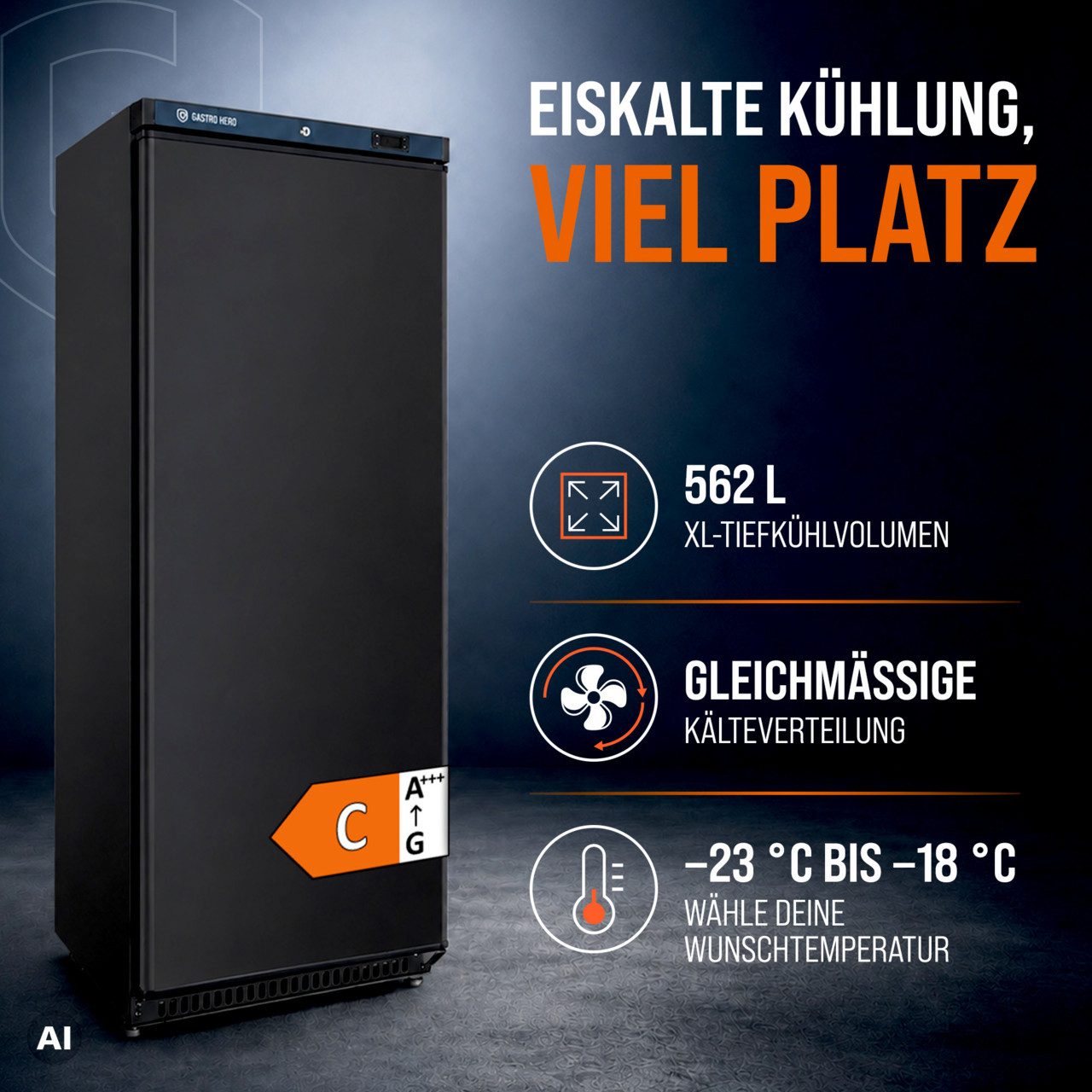 GastroHero Gefrierschrank Lagertiefkühlschrank ECO 600 Schwarz 562 Liter Umluftkühlung LTSE600B, 190 cm hoch, 77.5 cm breit, schwarzes Gehäuse für moderne Profi – Bild 2 von 5