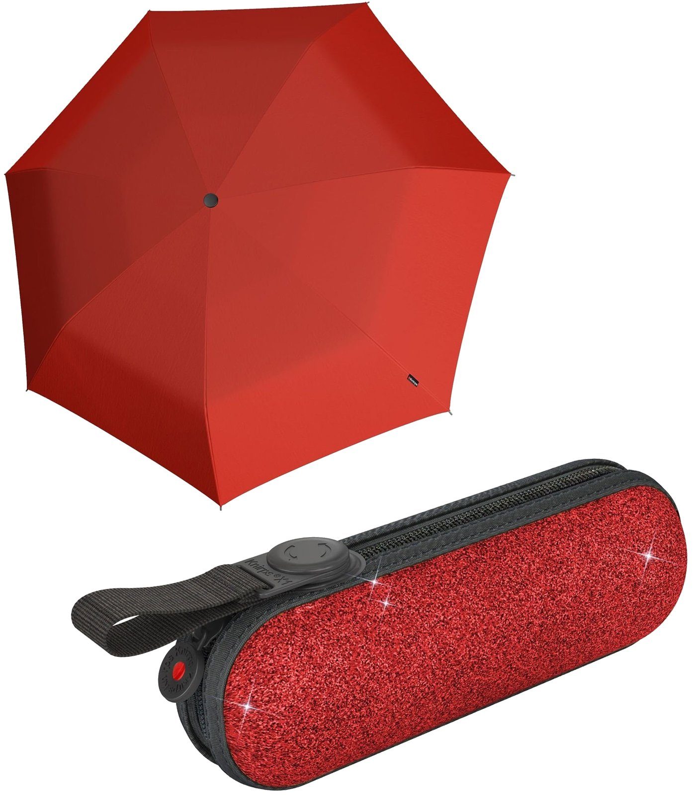 durch rot Taschenregenschirm im Damen-Schirm Knirps® Befestigungsmöglichkeit Schlaufe die mini red mit X1 Glitzer-Etui, Glam