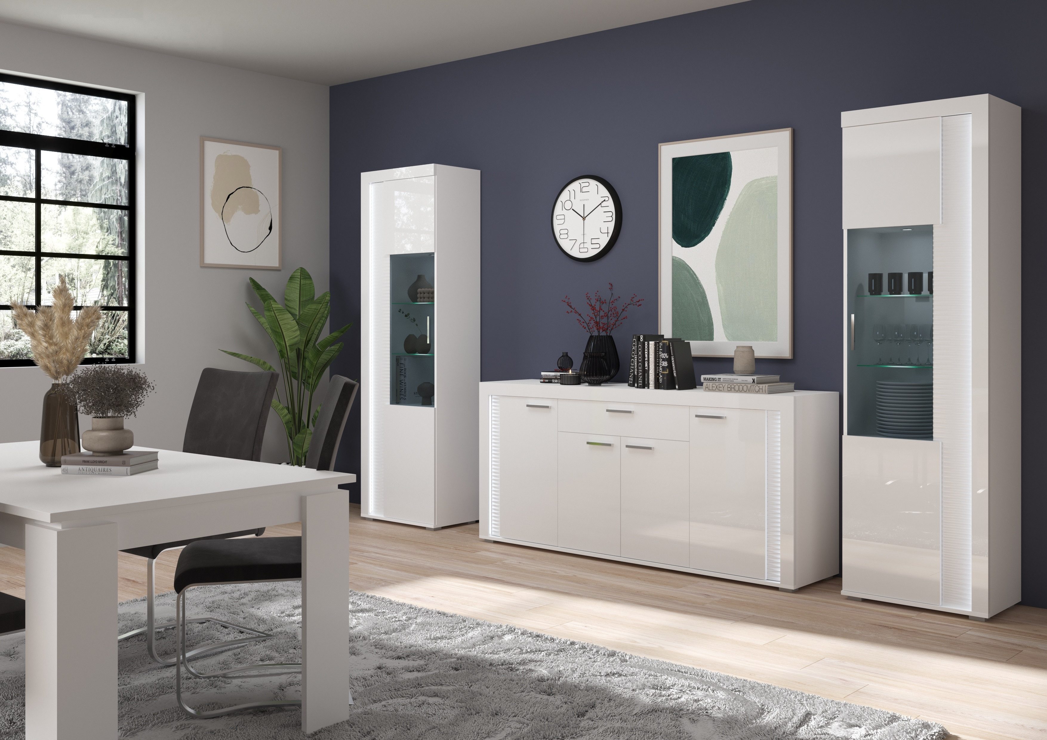 furnling Wohnzimmer-Set Stanley, (3-St., bestehend aus Sideboard, 2 Vitrinen), Breite 332 cm, Hochglanz Front, Frontbeleuchtung, Wohnzimmermöbel