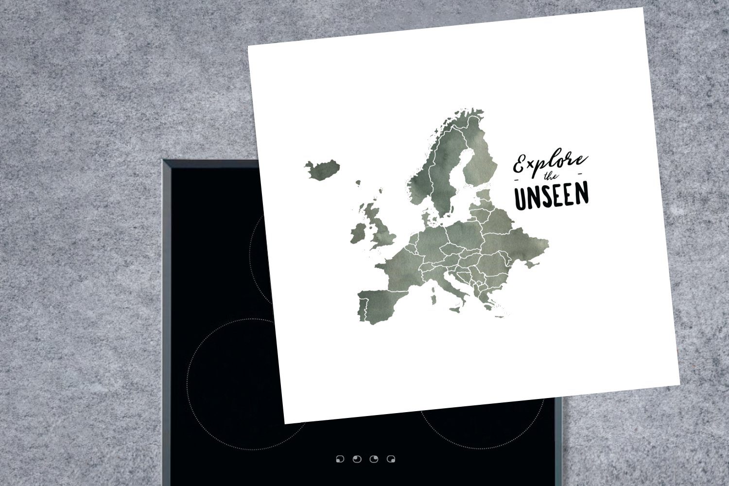 Europa - Karte Aquarell Vinyl, Zitate, (1 - MuchoWow - für Ceranfeldabdeckung, cm, Herdblende-/Abdeckplatte tlg), 78x78 küche Arbeitsplatte