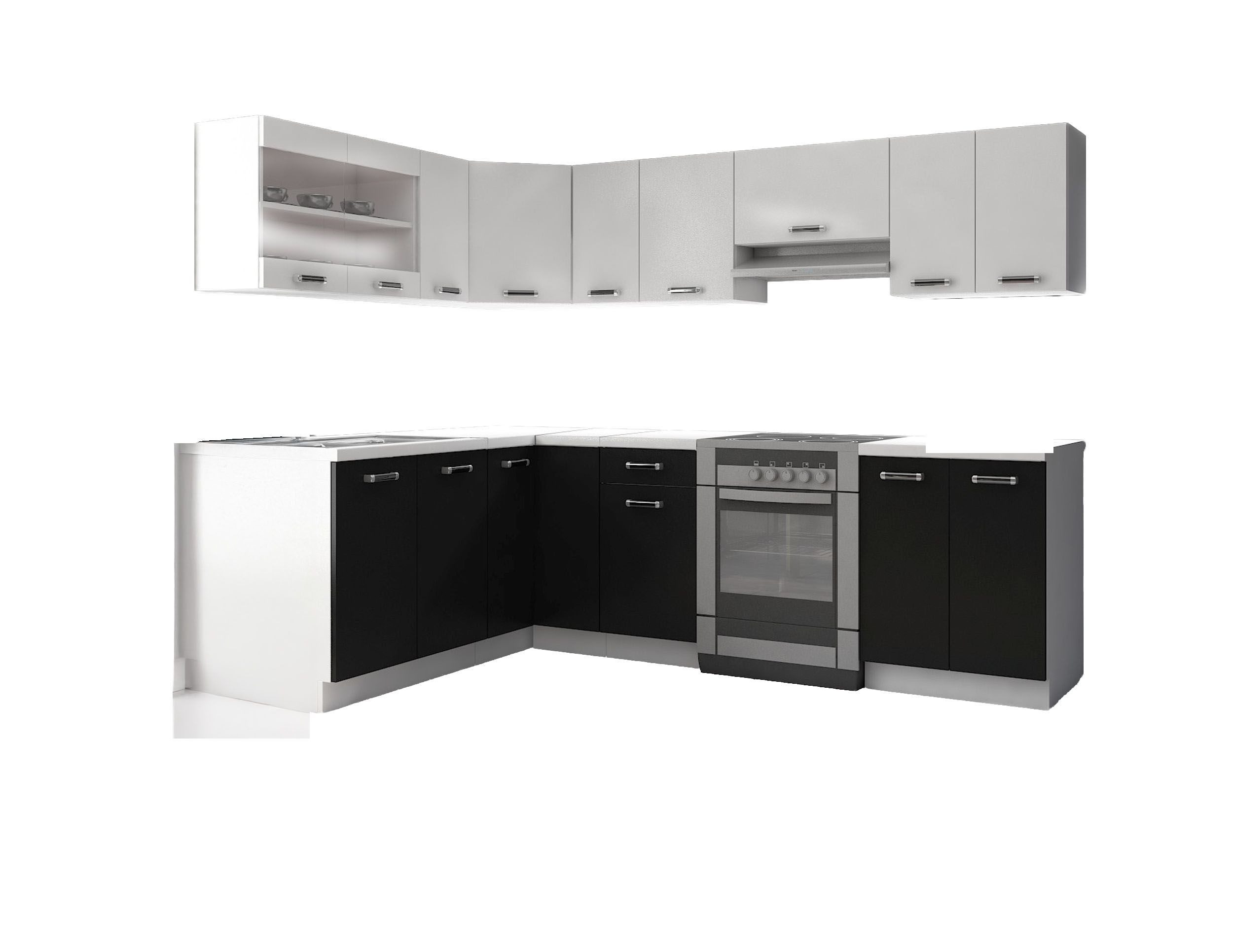 Küchen-Preisbombe Winkelküche Omega 170x250 cm Küche Küchenzeile Küchenblock Eckküche Schwarz + Weiß