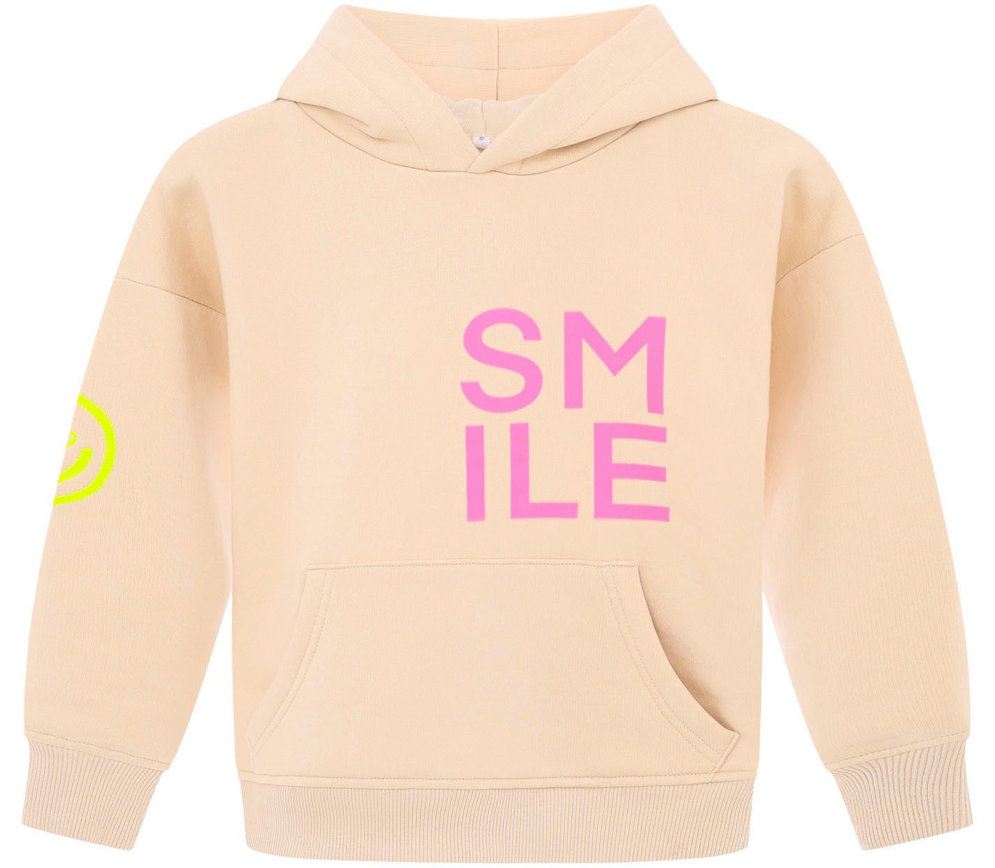 Zwillingsherz Hoodie "Alissa-Kids" mit "Smile"-Aufdruck in Neonfarben und gestickte Smiley