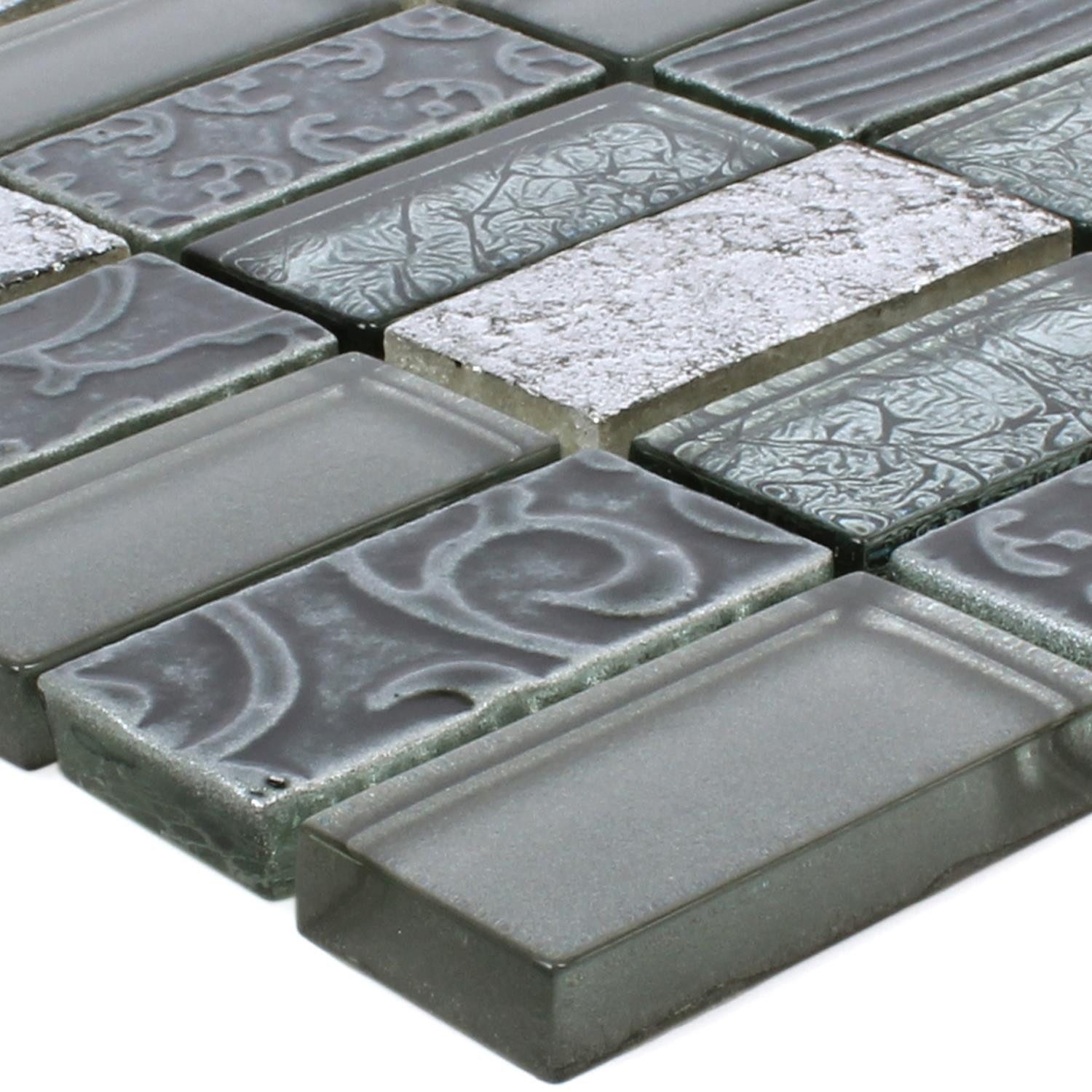 Mosafil Mosaikfliesen Mosaikfliesen Glas Naturstein Piroshka, Naturstein-Glas 30.000x30.000, grau-silber, Verlegefertig auf ein Netz geklebt