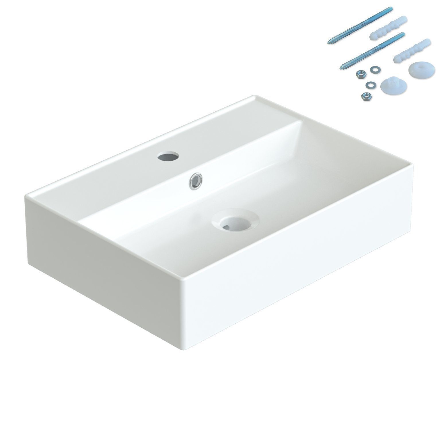 AQUALAVOS Aufsatzwaschbecken Eckiges Waschbecken 50x35cm Weiß Keramik mit Überlauf Wandhängend, Langlebig & robust Pflegeleicht Einfache Installation für Badezimmer