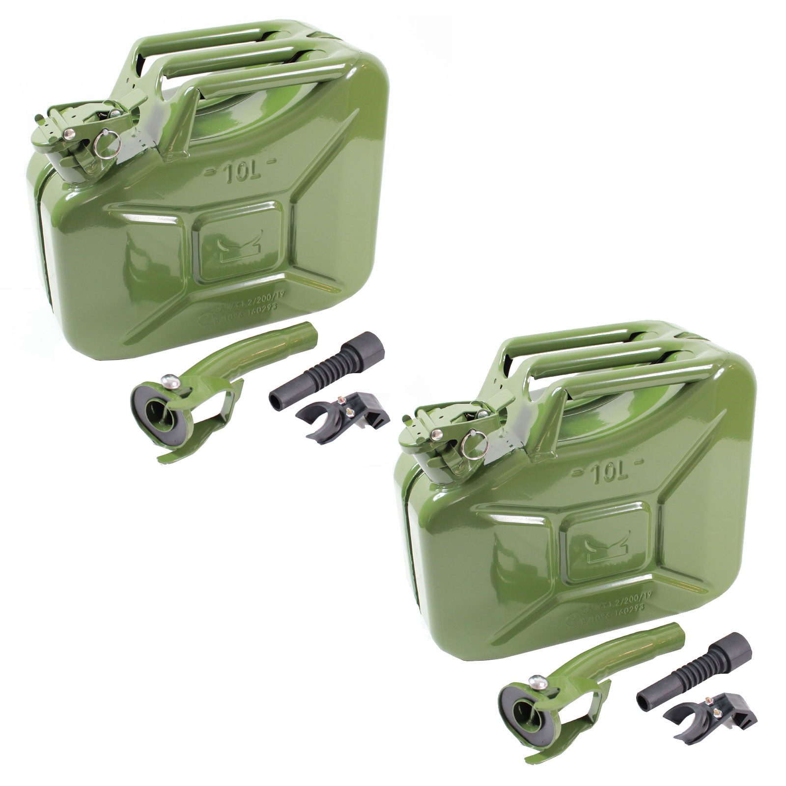 TRUTZHOLM Kanister Benzin Kraftstoffkanister Metall 10L Oliv inkl. Ausgießer + Halter (2er Set)