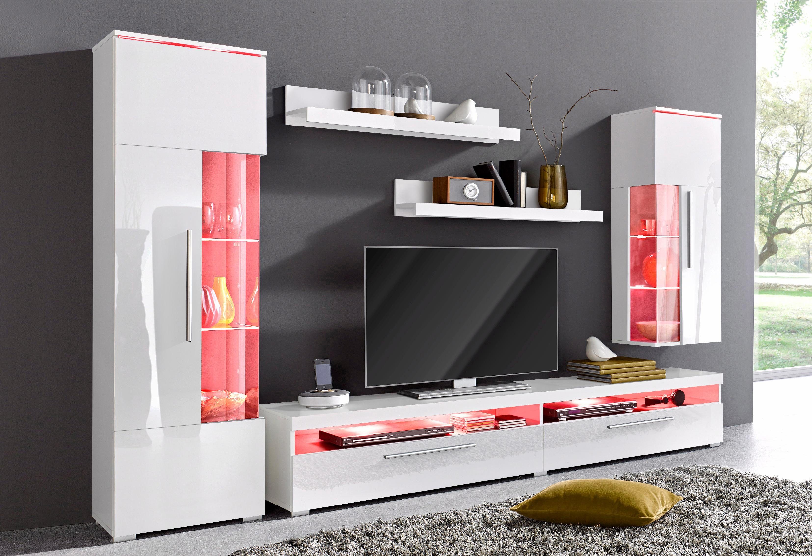 OTTO home Wohnwand India,Breite 245cm moderne Mediawand ohne Beleuchtung, Anbauwand (Set,5-St, 1xVitrine,1xHängevitrine,1TV-Schrank,2xWandregal)