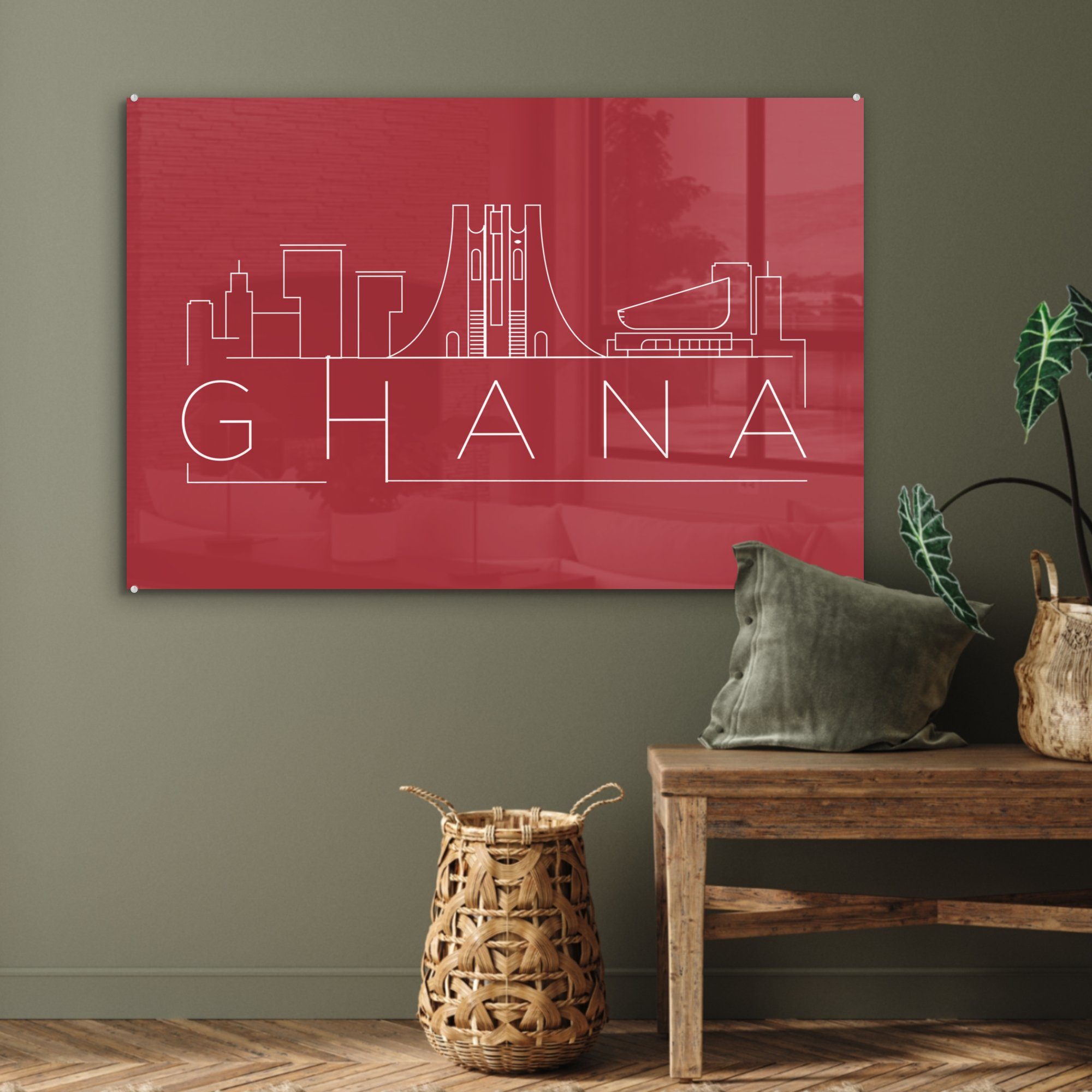 "Ghana" Wohnzimmer MuchoWow auf Hintergrund, St), Schlafzimmer (1 Acrylglasbilder Acrylglasbild rotem & Skyline