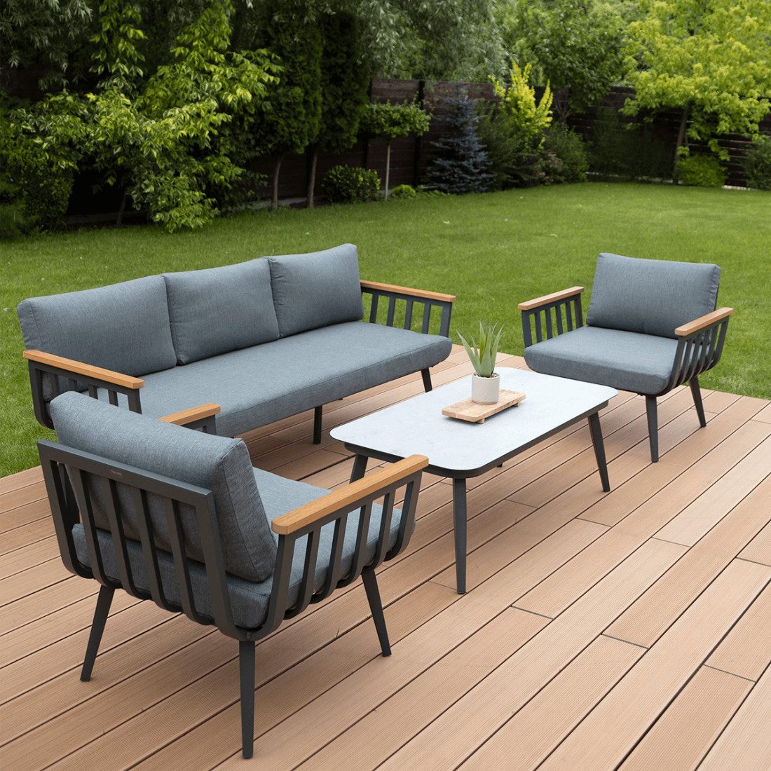 furrore Gartenlounge-Set "STELLA" Aluminium 5-Sitzer mit Tisch 120 cm, mit 2 Sesseln, 1 Sofa, (4-tlg), Anthrazit / Weiß, Holzoptik, Witterungsbeständig, Gartenmöbel-Set