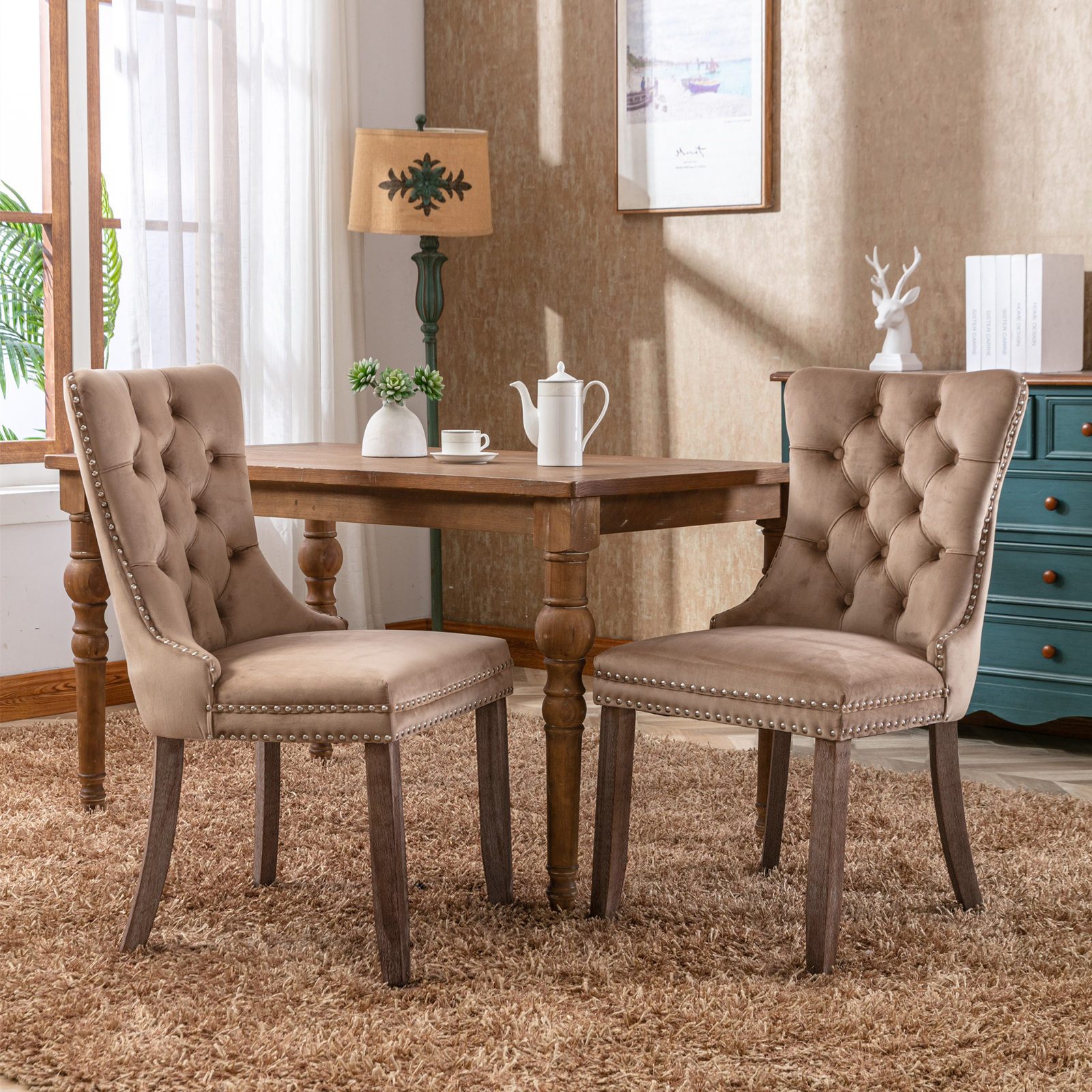ANYSUN Esszimmerstuhl 2er-Set Esszimmerstühle,Samt Chesterfield, bis 130 kg, French Style (Polsterstühle mit Knopfheftung & Ziernieten, Massivholz Rubberwood), für Esszimmer,Wohnzimmer oder als Akzentstuhl in anderen Bereichen
